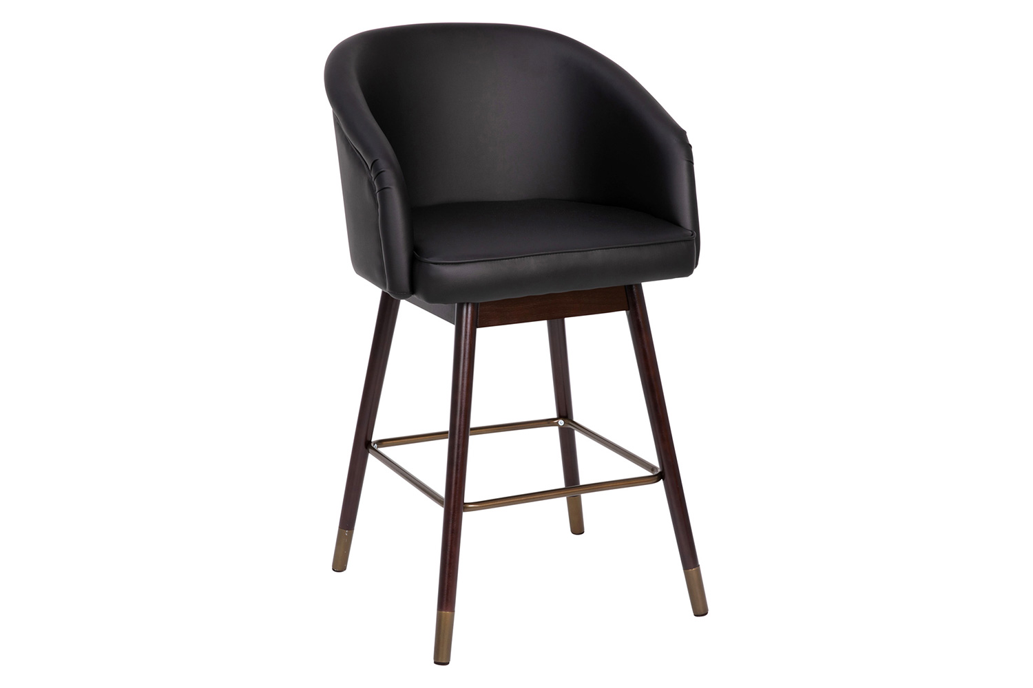 BLNK™ Margo Commercial LeatherSoft Mid-Back Modern Counter Stool with Walnut Finish Beechwood Legs and Contoured Back - Black