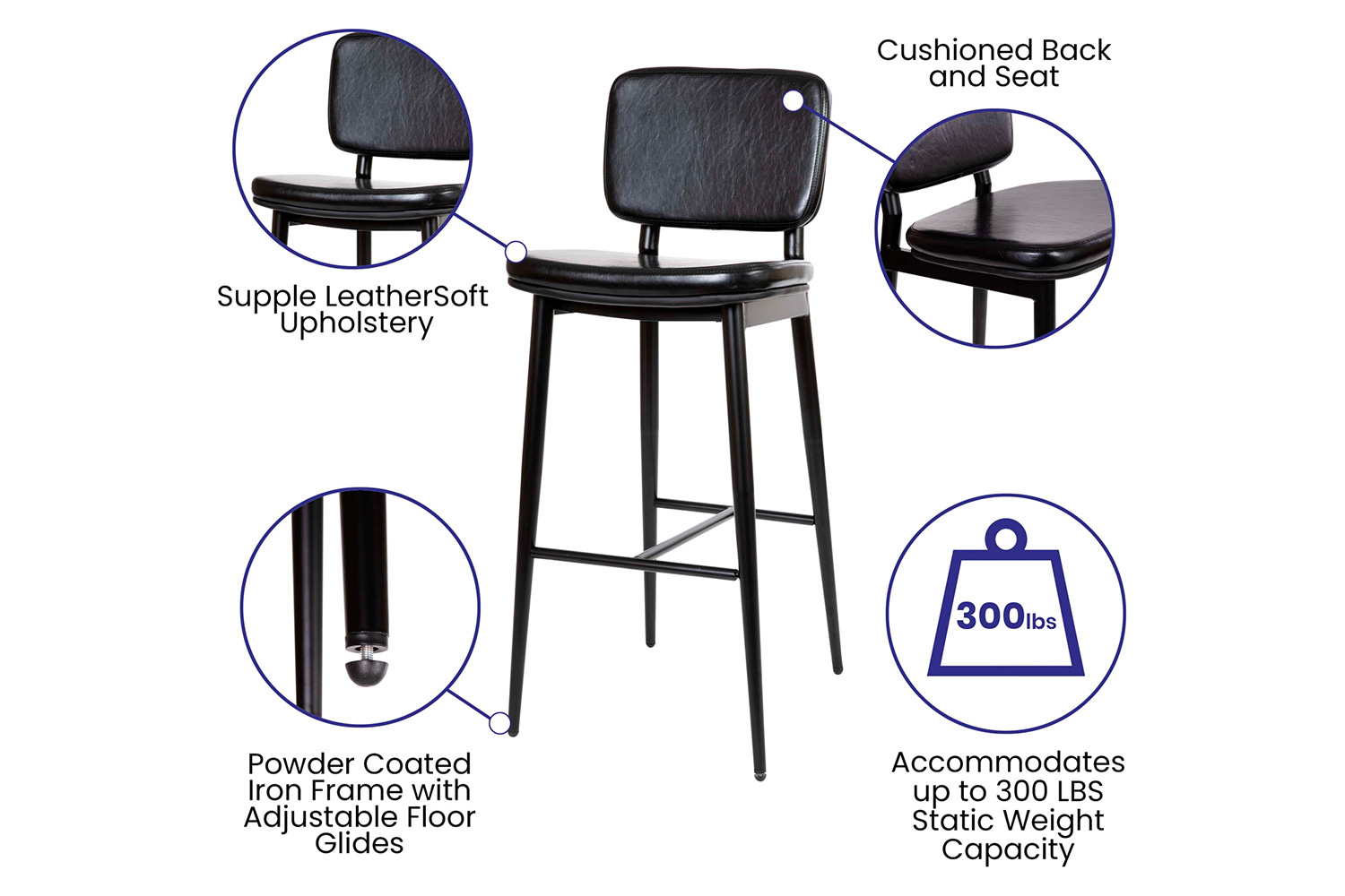 BLNK Kenzie Commercial LeatherSoft Mid-Back Bar Stools Set of 2 - Black