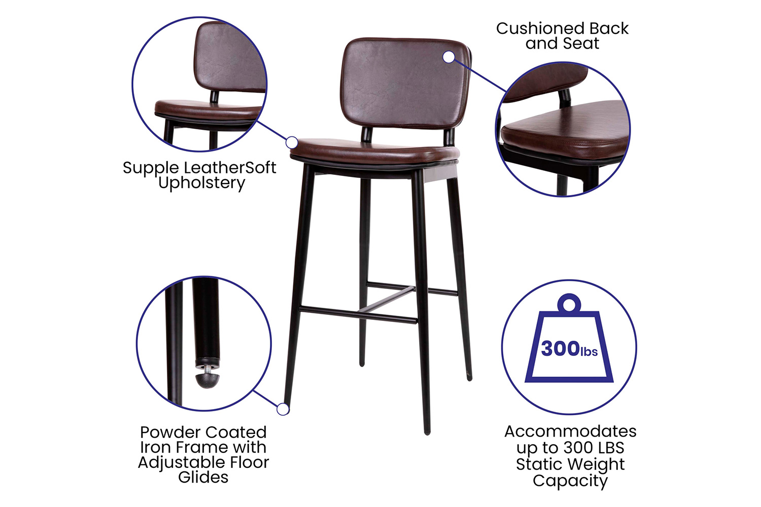 BLNK Kenzie Commercial LeatherSoft Mid-Back Bar Stools Set of 2 - Brown