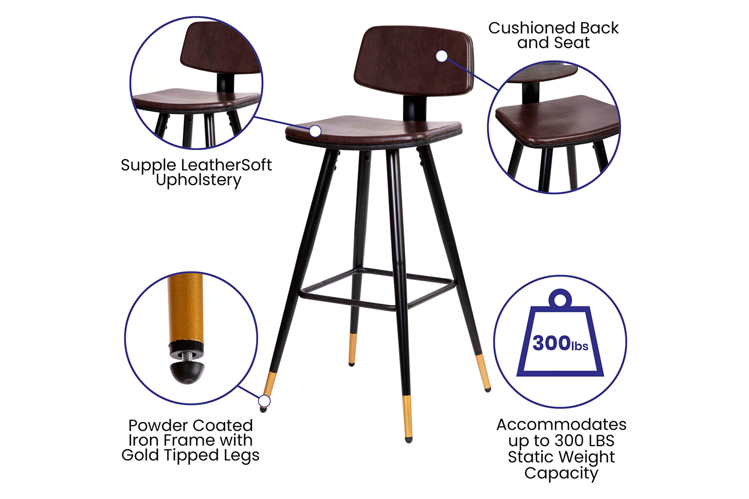 BLNK™ Kora Commercial LeatherSoft Low Back Bar Stools Set of 2 - Brown