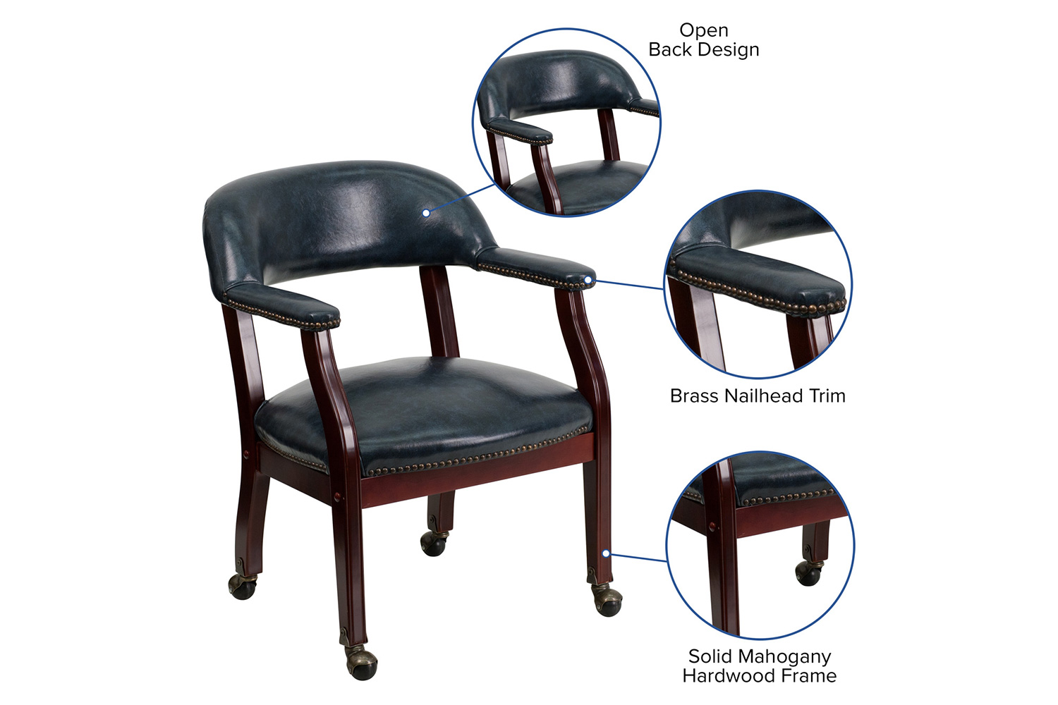 BLNK™ Sarah Vinyl Luxurious Conference Chair with Accent Nail Trim and Casters - Navy