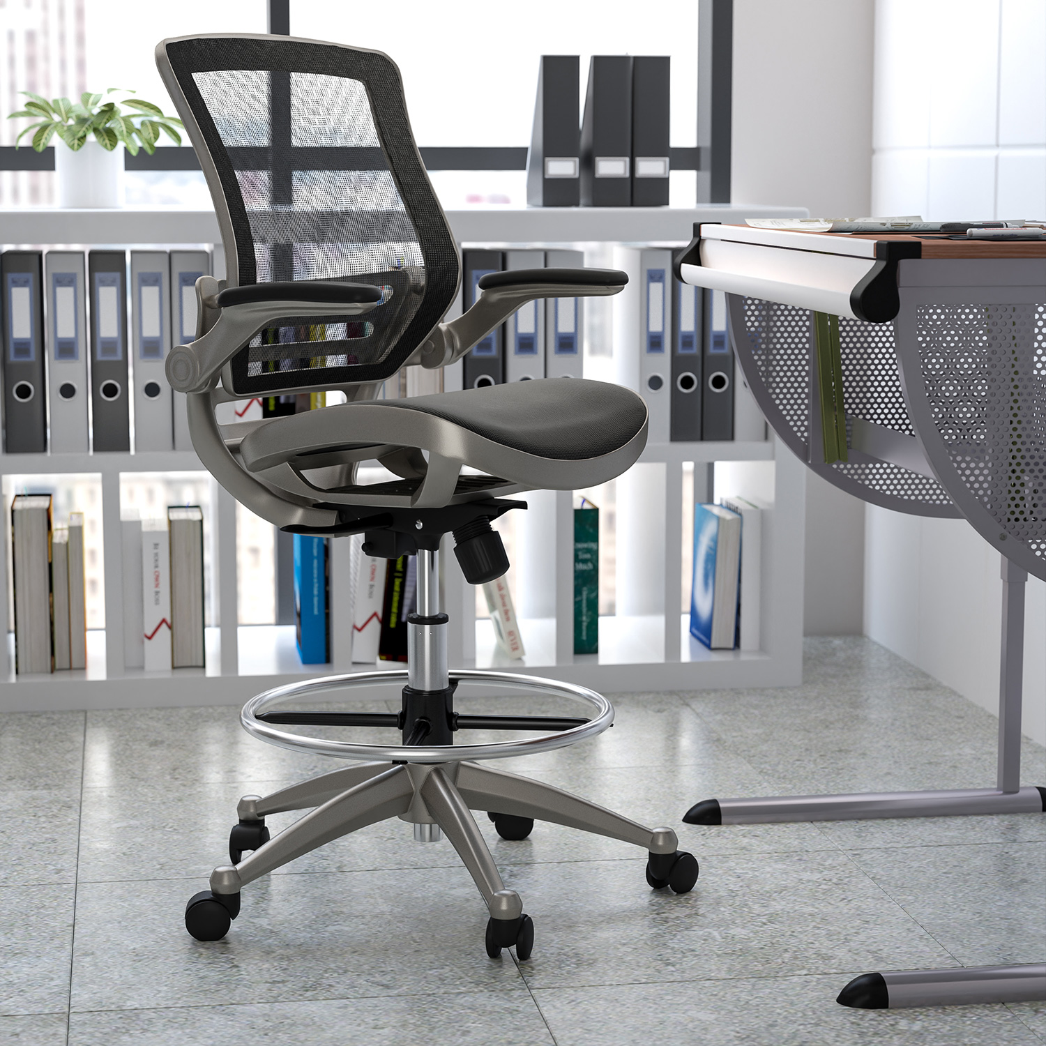 BLNK Waylon Mid-Back Mesh Drafting Chair with Flip-Up Arms