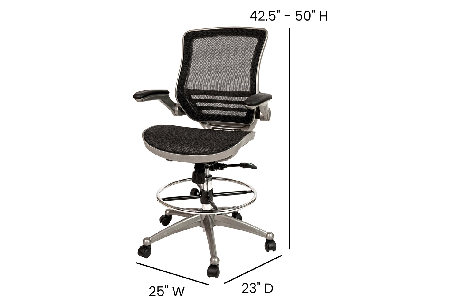 BLNK Waylon Mid-Back Mesh Drafting Chair with Flip-Up Arms - Graphite Silver Frame