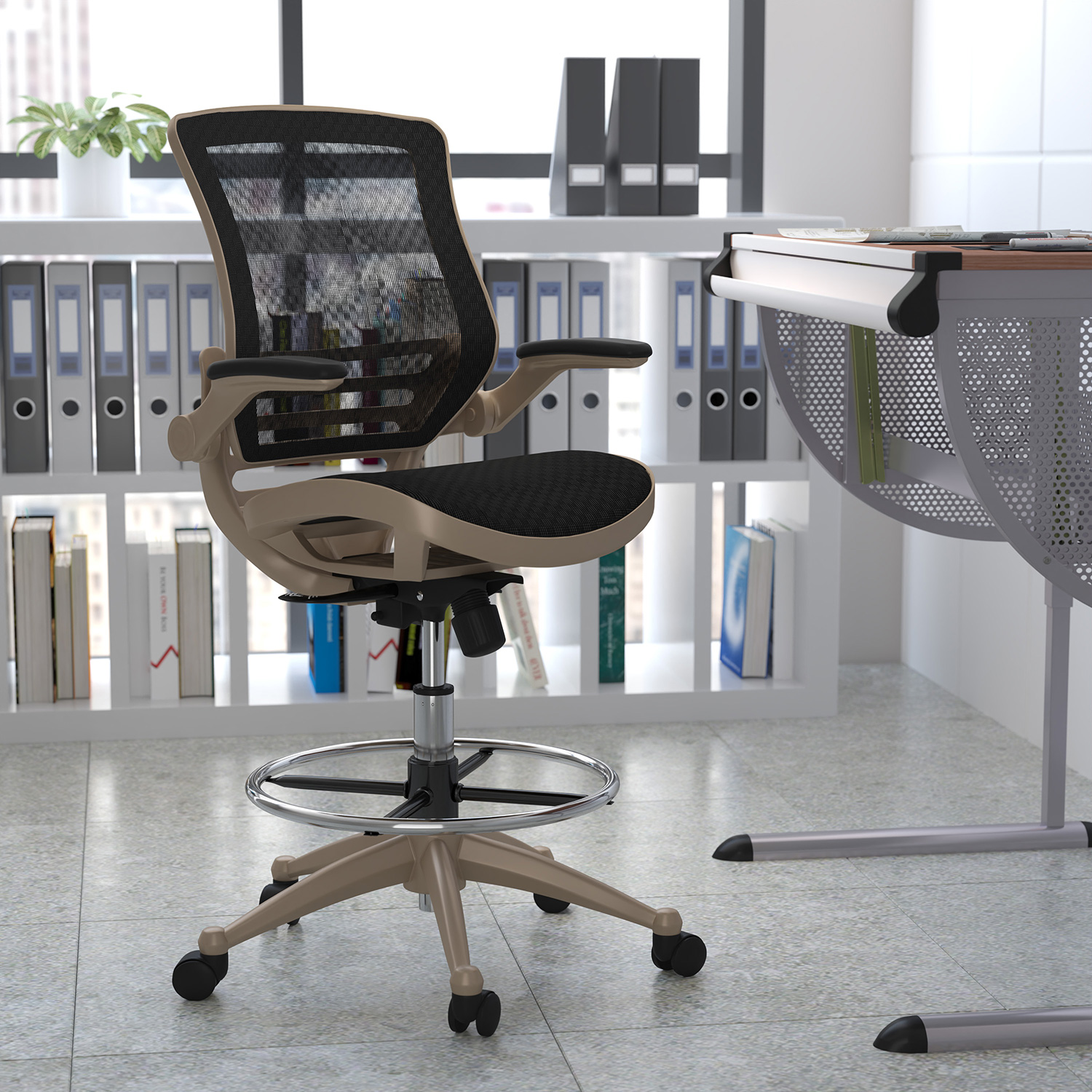 BLNK Waylon Mid-Back Mesh Drafting Chair with Flip-Up Arms