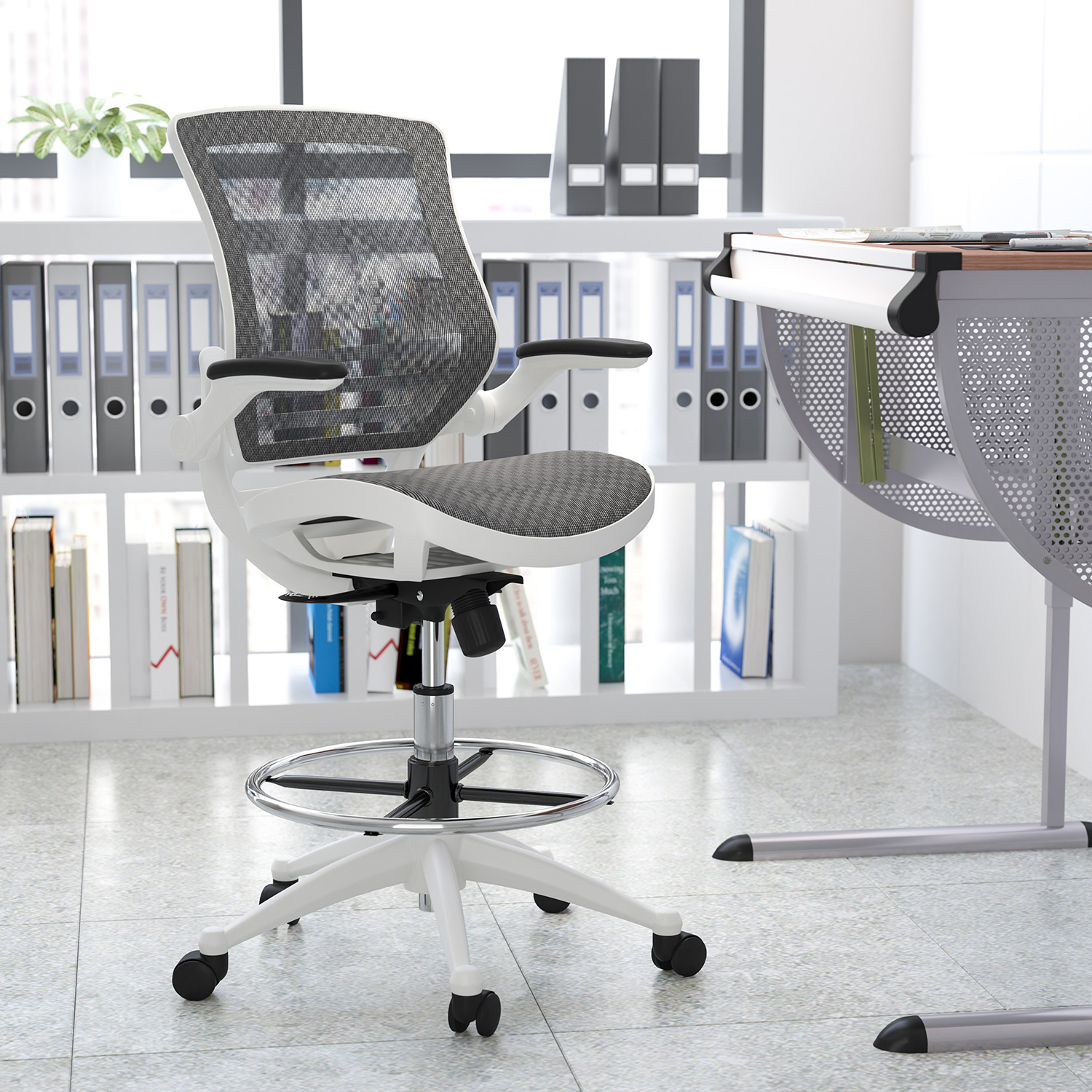 BLNK Waylon Mid-Back Mesh Drafting Chair with Flip-Up Arms