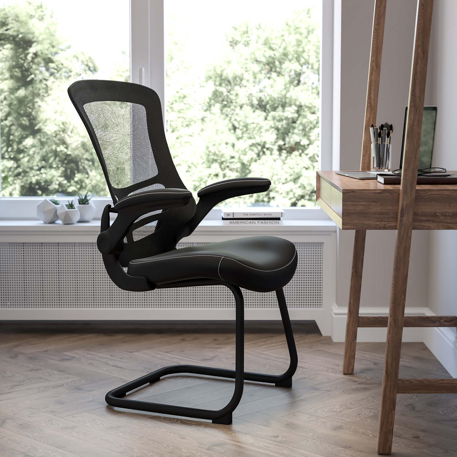 BLNK Kelista Black Mesh Sled Base Side Reception Chair with Flip-Up Arms