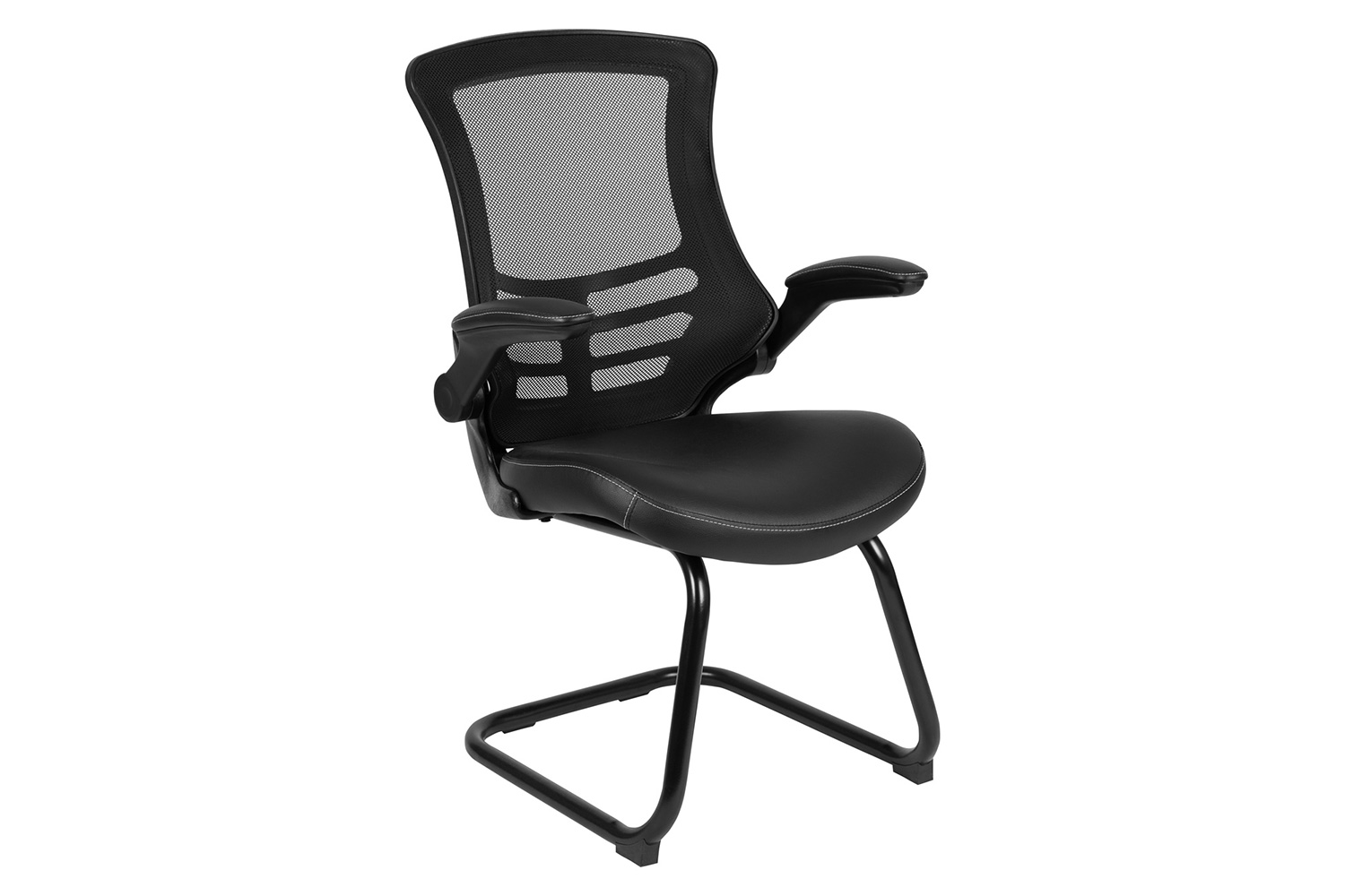 BLNK Kelista Black Mesh Sled Base Side Reception Chair with Flip-Up Arms - LeatherSoft