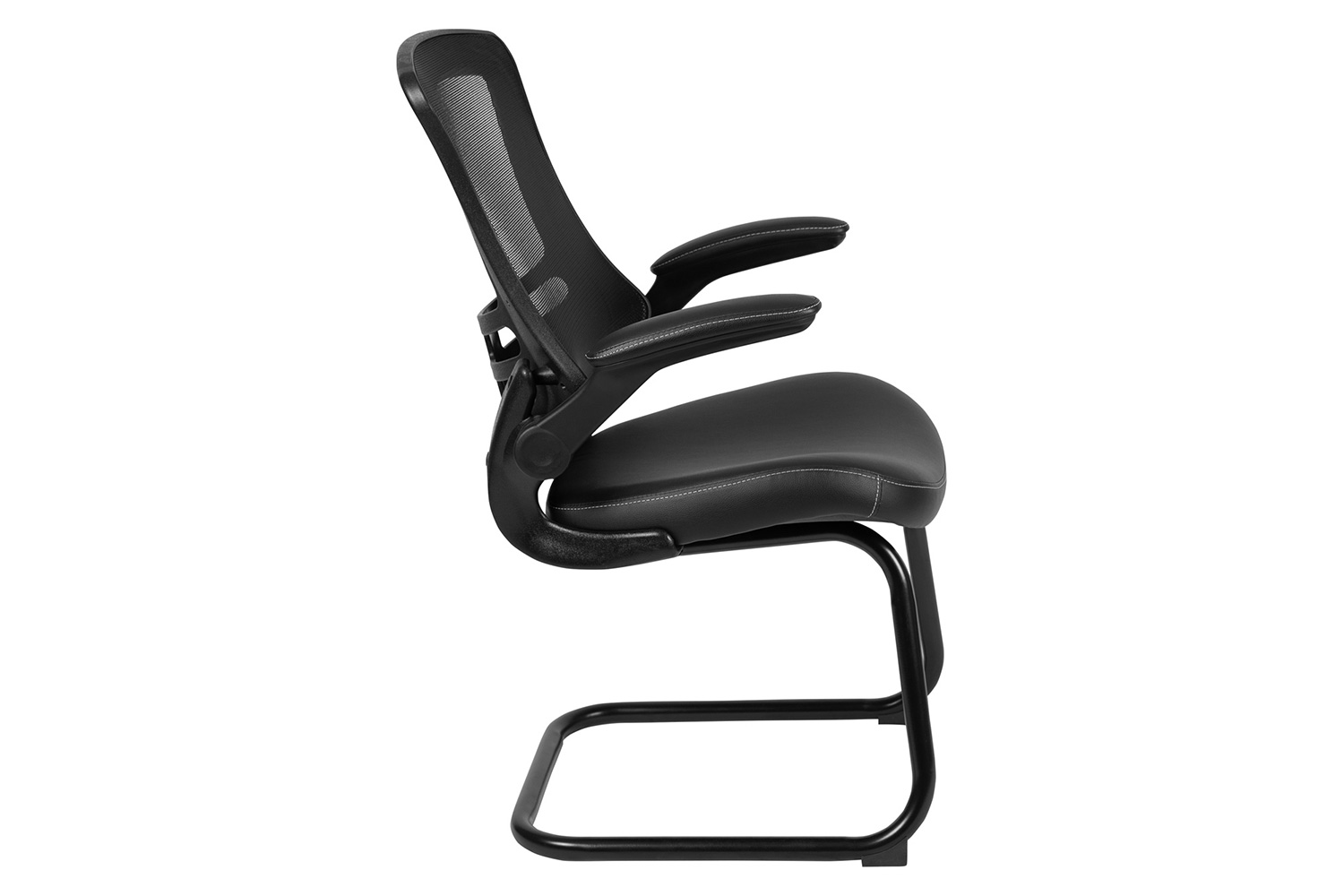 BLNK Kelista Black Mesh Sled Base Side Reception Chair with Flip-Up Arms - LeatherSoft