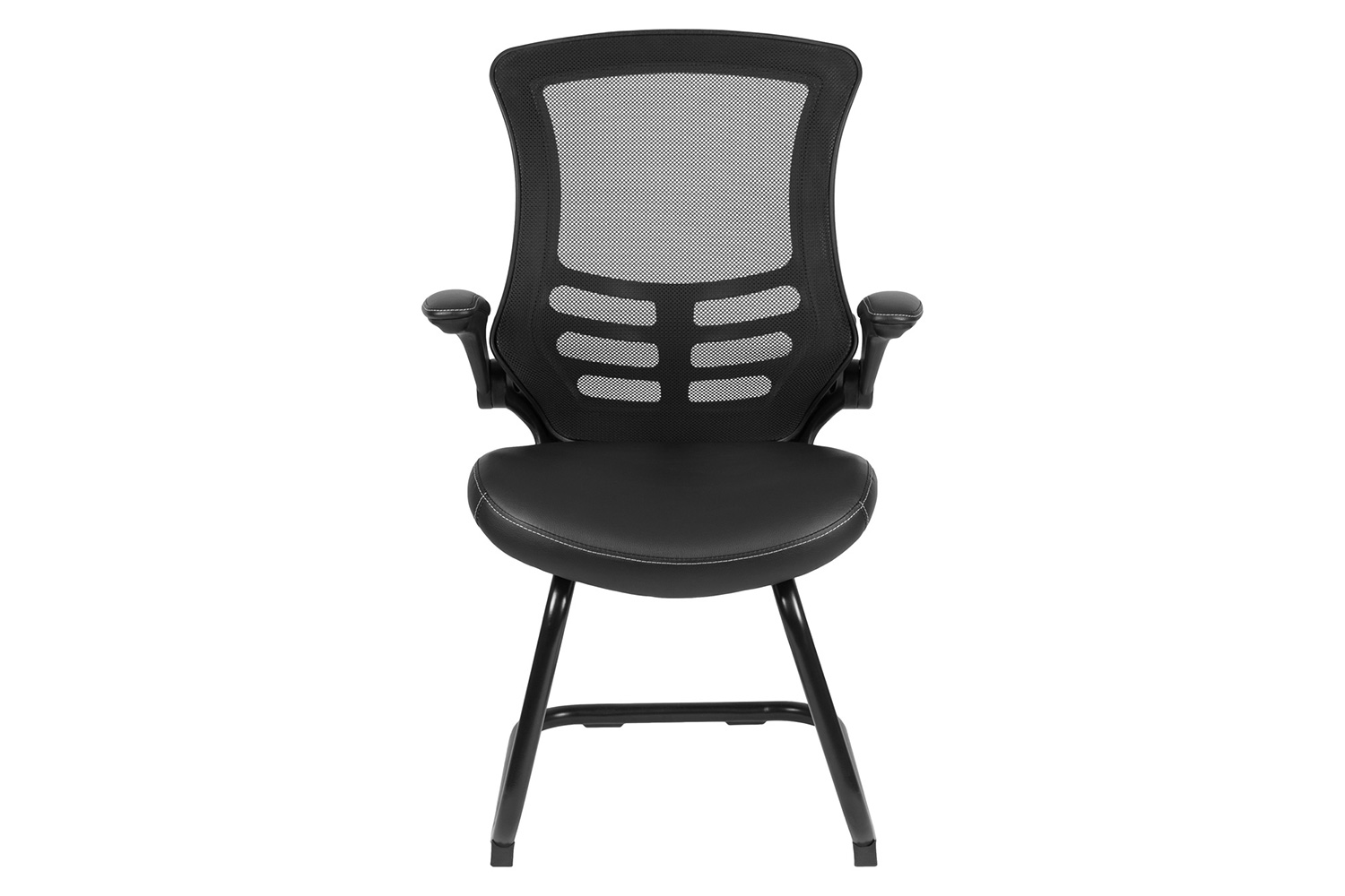 BLNK Kelista Black Mesh Sled Base Side Reception Chair with Flip-Up Arms - LeatherSoft