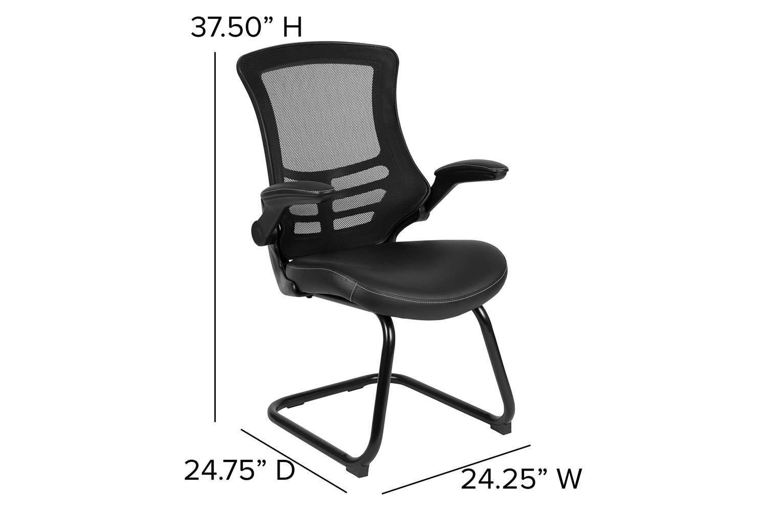 BLNK Kelista Black Mesh Sled Base Side Reception Chair with Flip-Up Arms - LeatherSoft