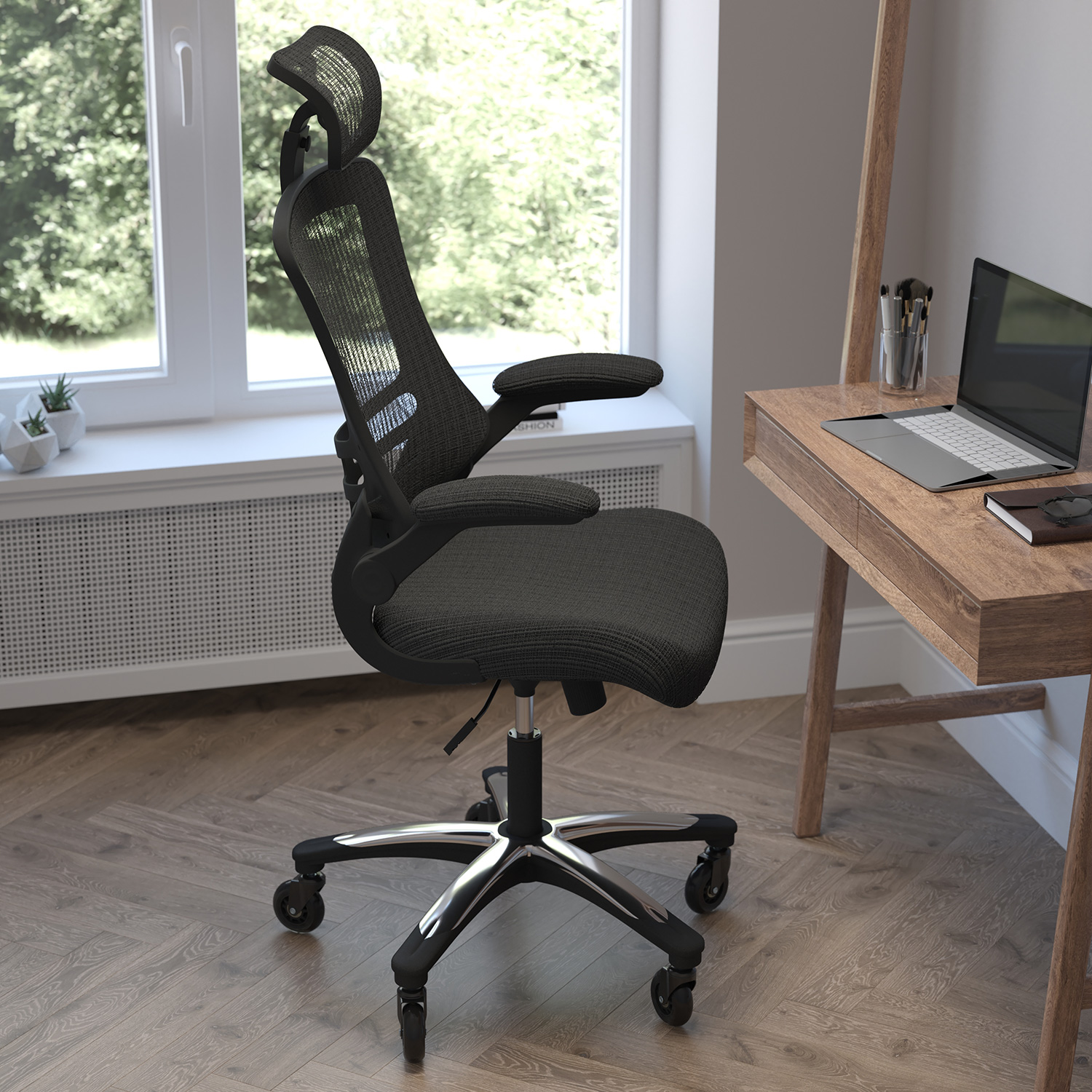 BLNK - Kelista High-Back Mesh Swivel Ergonomic Executive Office Chair with Flip-Up Arms and Transparent Roller Wheels