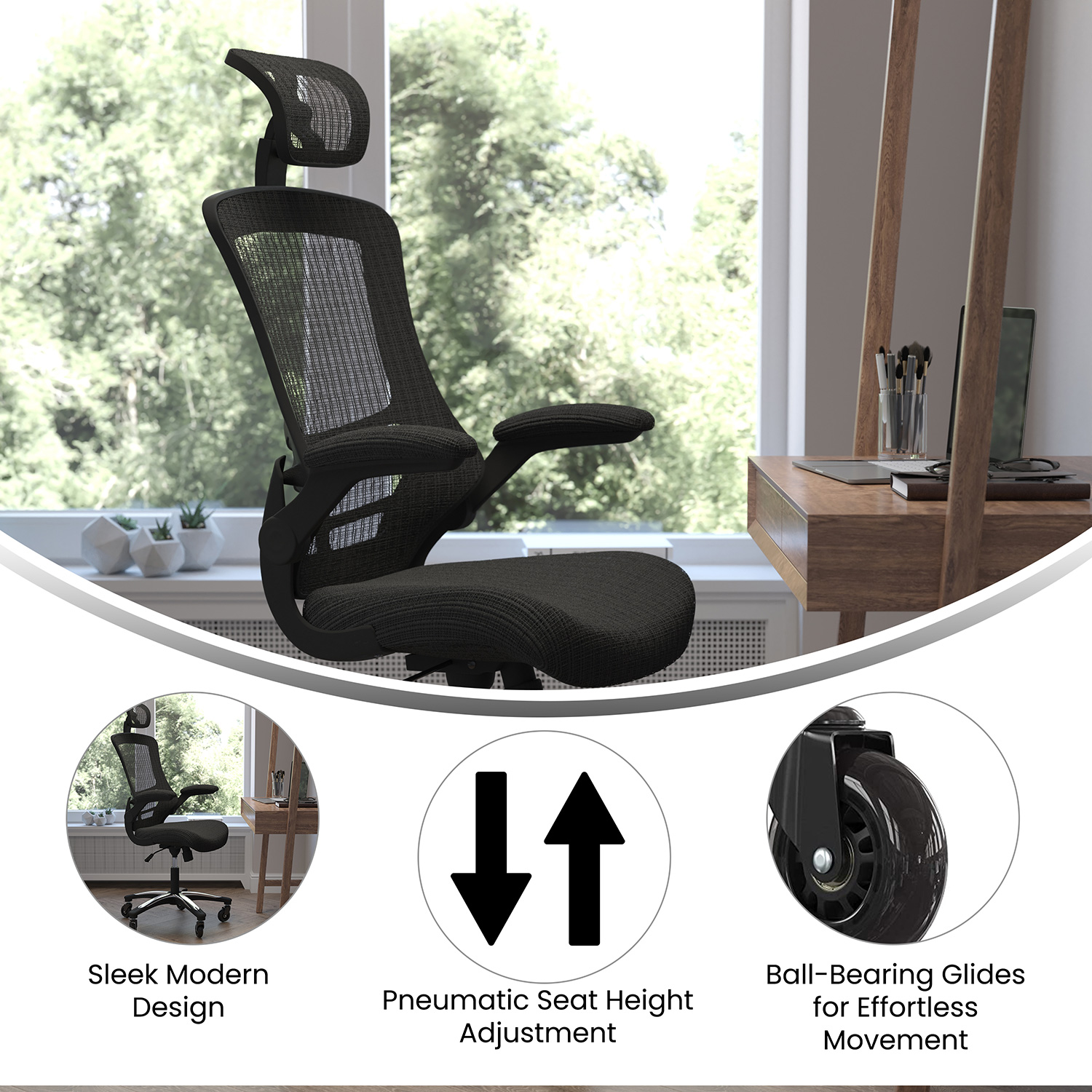 BLNK - Kelista High-Back Mesh Swivel Ergonomic Executive Office Chair with Flip-Up Arms and Transparent Roller Wheels