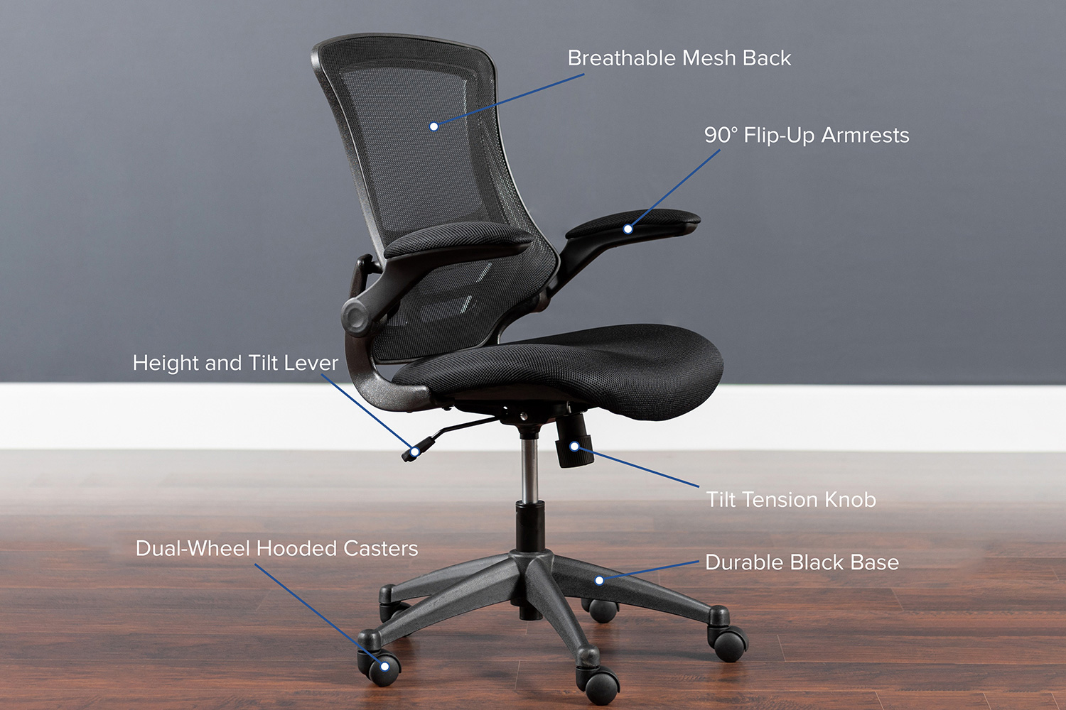 BLNK Kelista Mid-Back Mesh Swivel Ergonomic Task Office Chair with Flip-Up Arms - Black