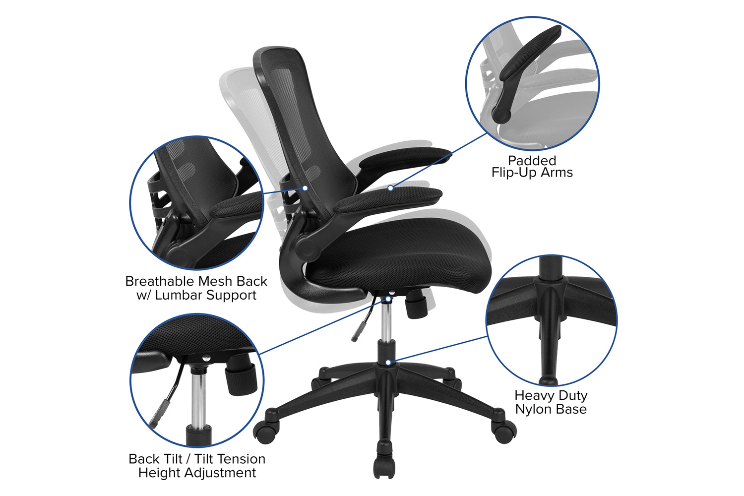 BLNK Kelista Mid-Back Mesh Swivel Ergonomic Task Office Chair with Flip-Up Arms - Black