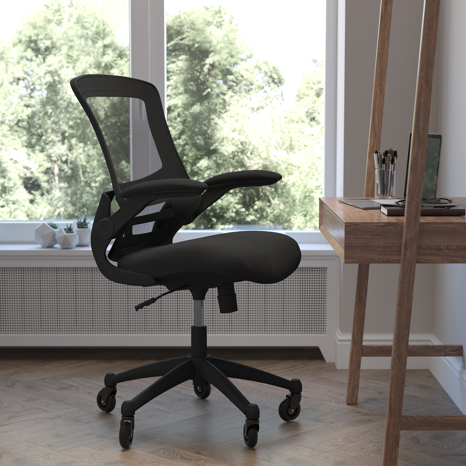 BLNK Kelista Mid-Back Mesh Swivel Ergonomic Task Office Chair with Flip-Up Arms and Transparent Roller Wheels