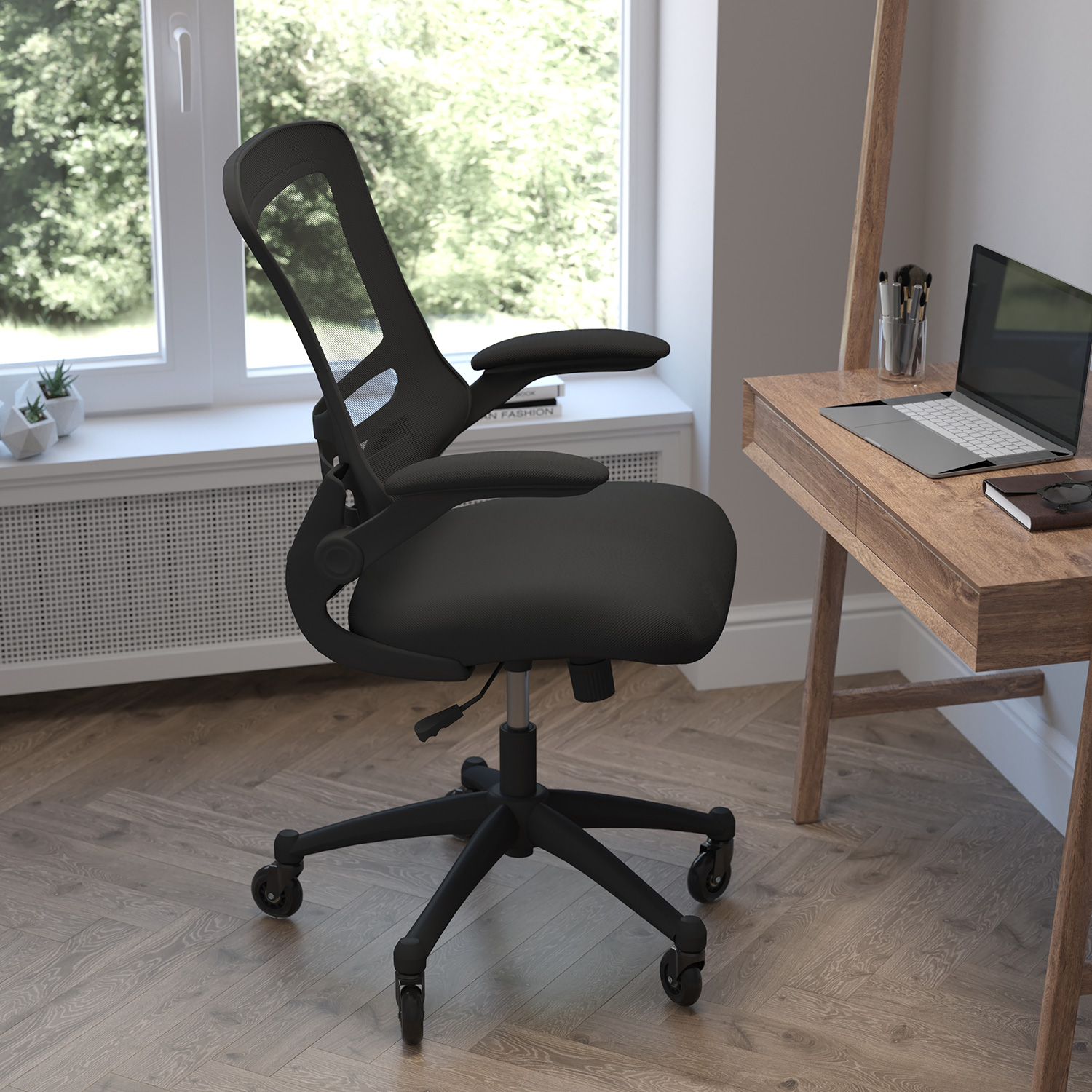 BLNK Kelista Mid-Back Mesh Swivel Ergonomic Task Office Chair with Flip-Up Arms and Transparent Roller Wheels - Black