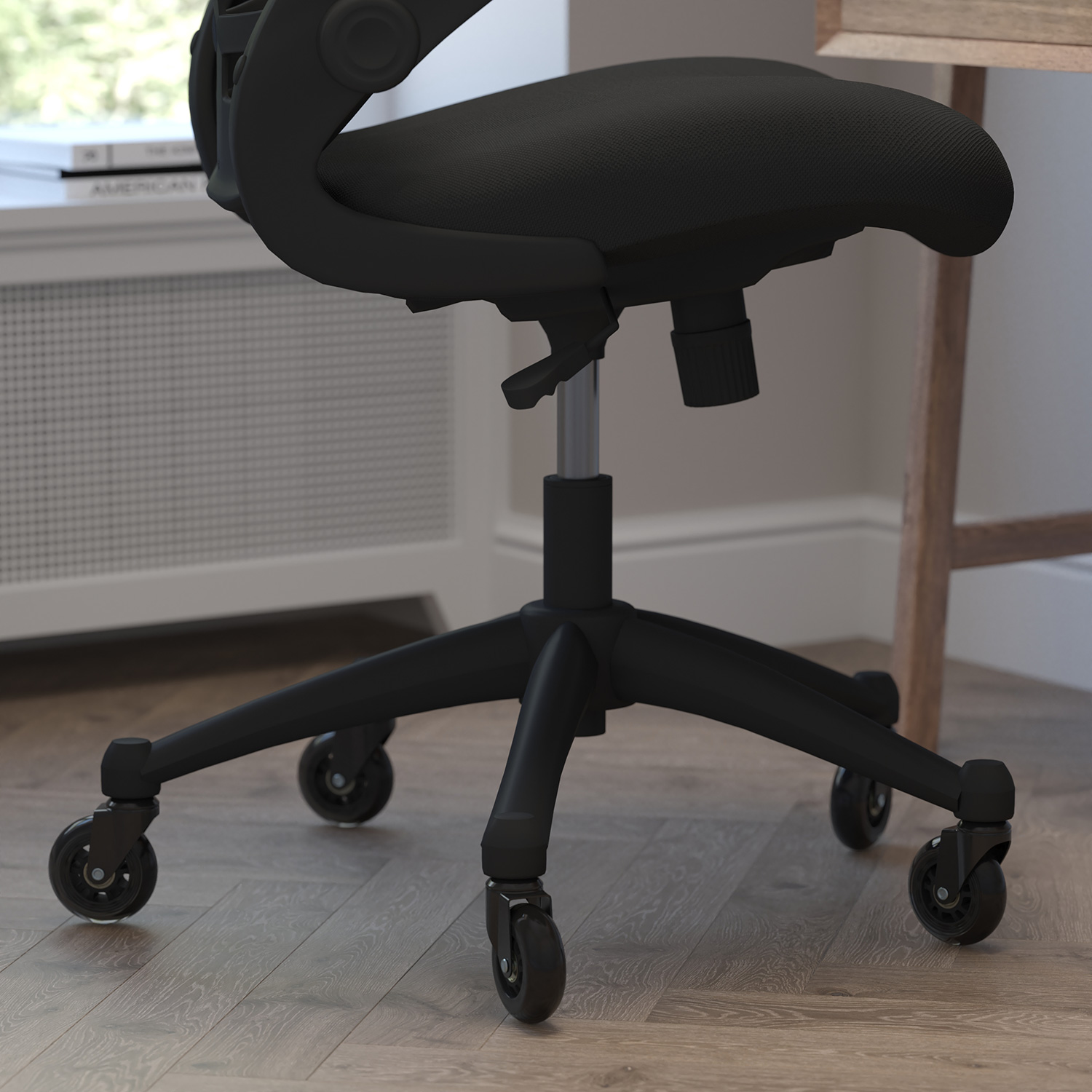 BLNK Kelista Mid-Back Mesh Swivel Ergonomic Task Office Chair with Flip-Up Arms and Transparent Roller Wheels - Black