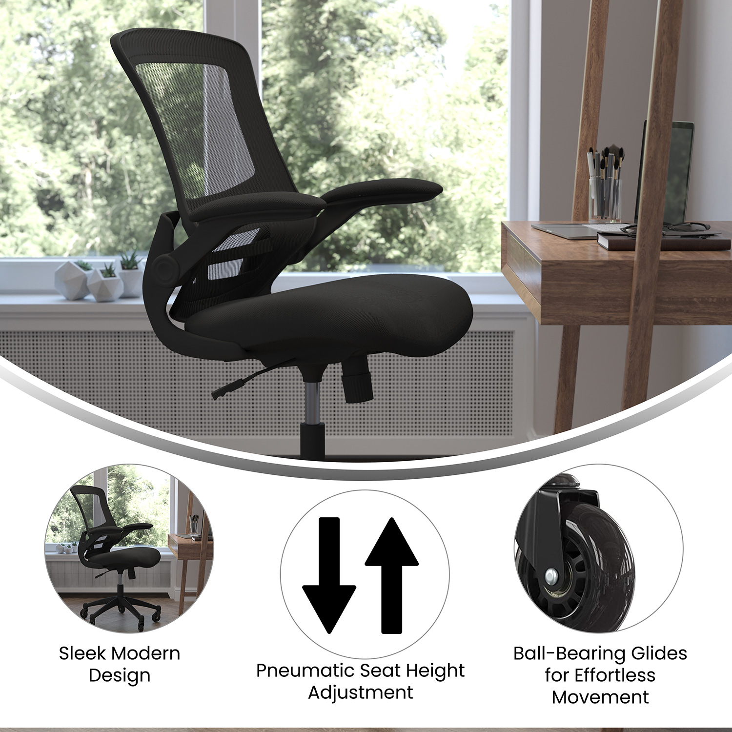 BLNK Kelista Mid-Back Mesh Swivel Ergonomic Task Office Chair with Flip-Up Arms and Transparent Roller Wheels - Black