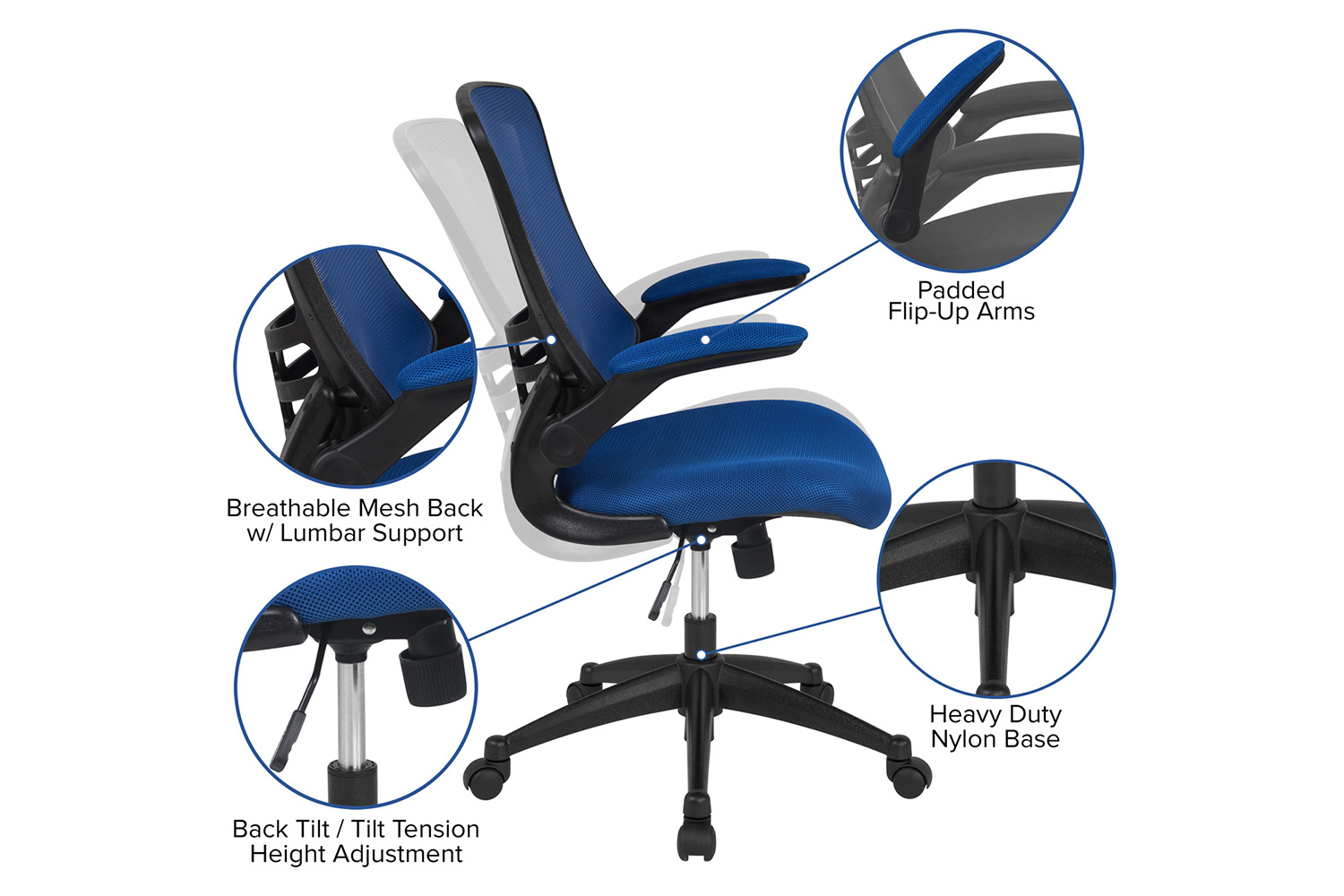 BLNK Kelista Mid-Back Mesh Swivel Ergonomic Task Office Chair with Flip-Up Arms - Blue