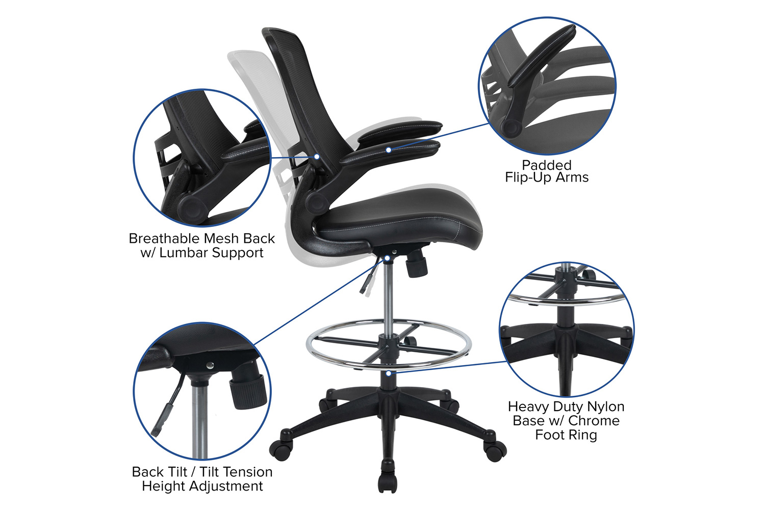 BLNK - Kelista Mid-Back Mesh Ergonomic Drafting Chair with Seat, Adjustable Foot Ring and Flip-Up Arms