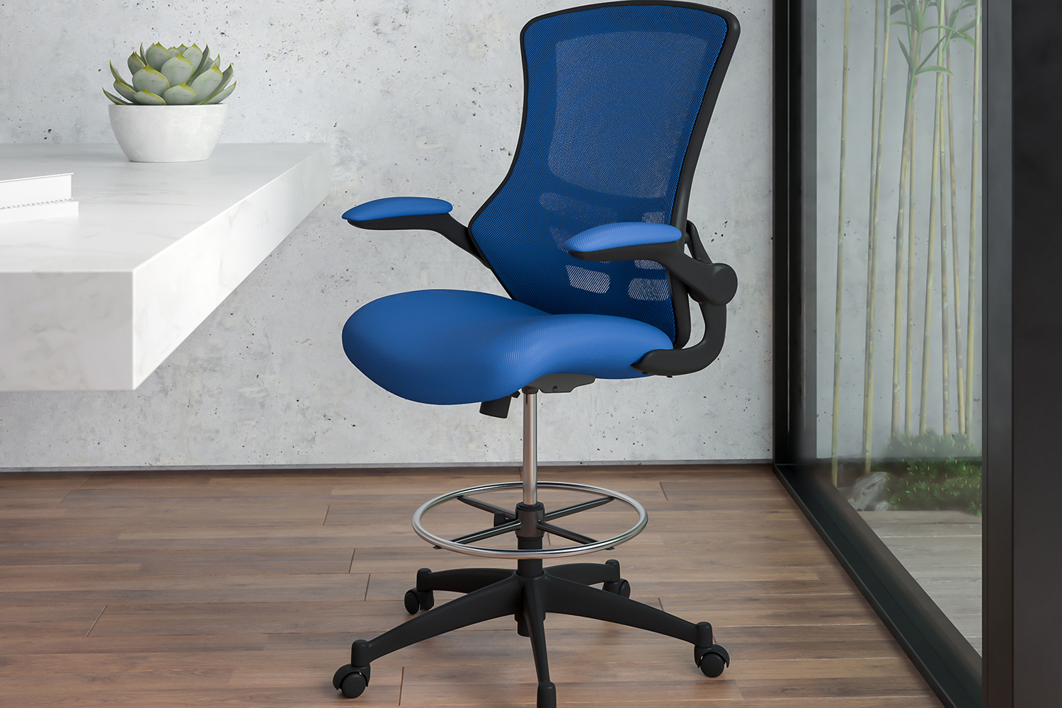 BLNK Kelista Mid-Back Mesh Ergonomic Drafting Chair with Adjustable Foot Ring and Flip-Up Arms