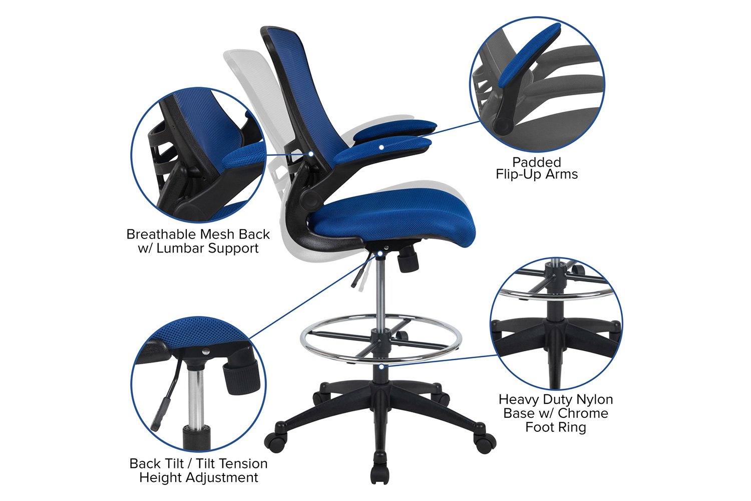 BLNK Kelista Mid-Back Mesh Ergonomic Drafting Chair with Adjustable Foot Ring and Flip-Up Arms - Blue