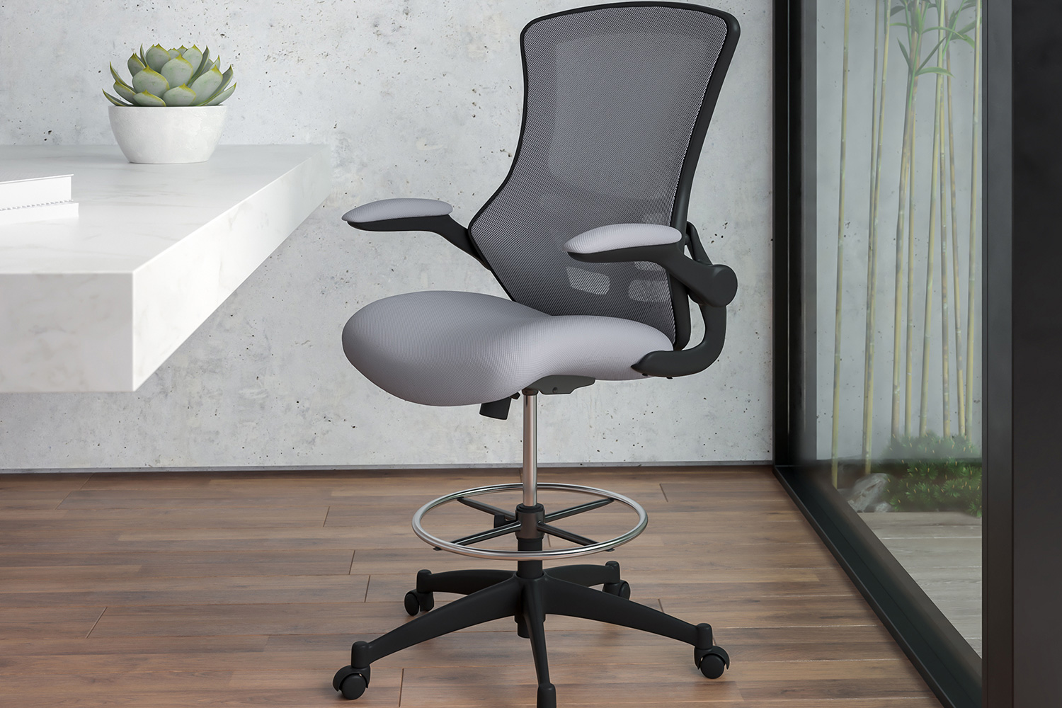 BLNK Kelista Mid-Back Mesh Ergonomic Drafting Chair with Adjustable Foot Ring and Flip-Up Arms