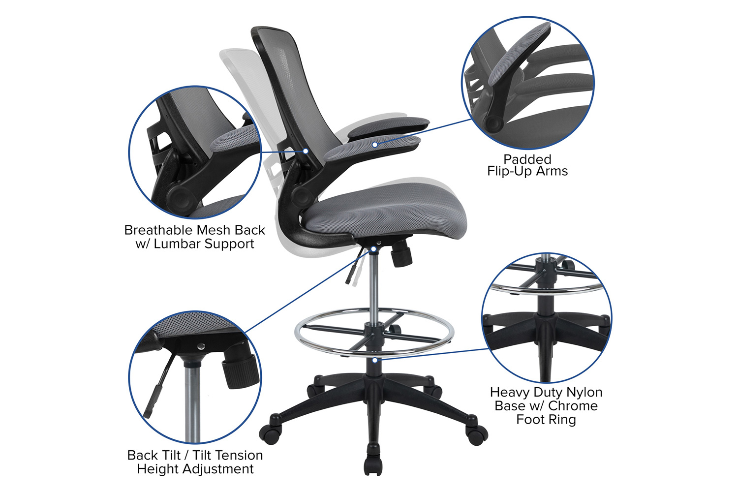 BLNK Kelista Mid-Back Mesh Ergonomic Drafting Chair with Adjustable Foot Ring and Flip-Up Arms - Dark Gray