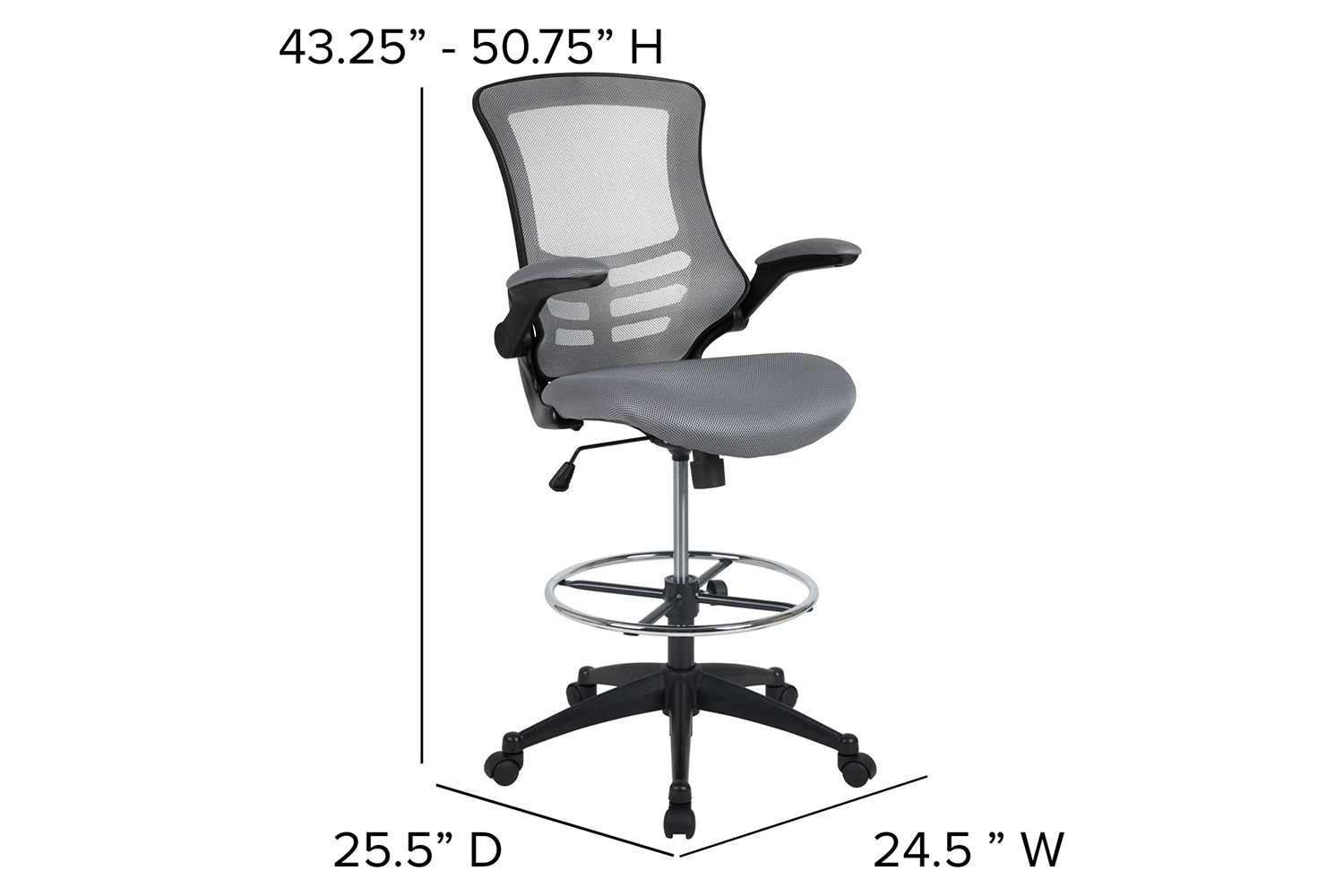 BLNK Kelista Mid-Back Mesh Ergonomic Drafting Chair with Adjustable Foot Ring and Flip-Up Arms - Dark Gray