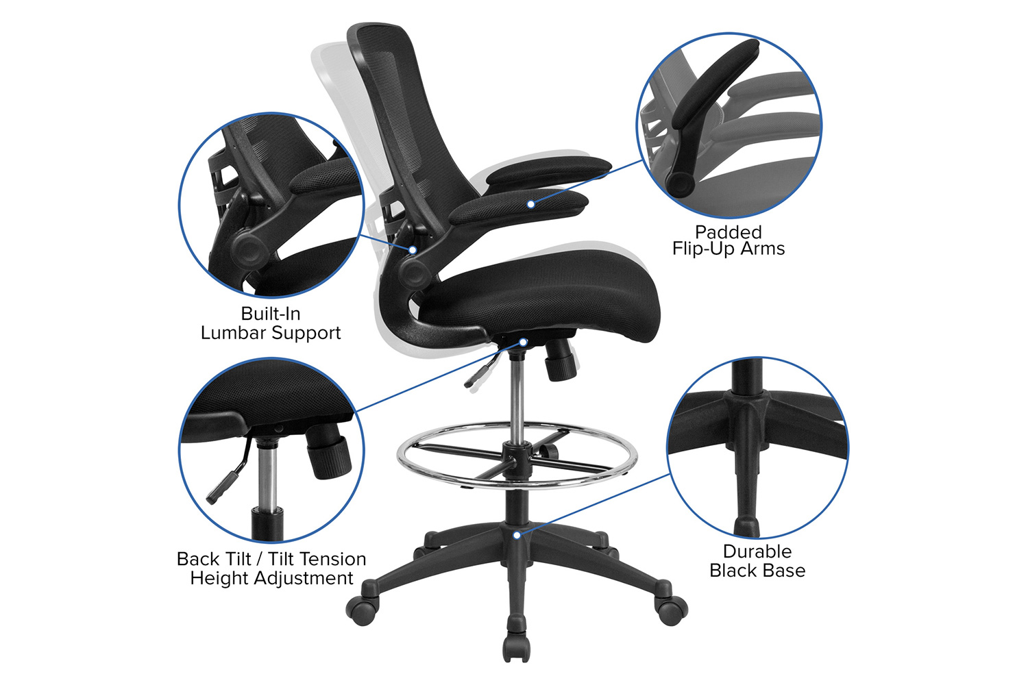 BLNK Kelista Mid-Back Mesh Ergonomic Drafting Chair with Adjustable Foot Ring and Flip-Up Arms - Black