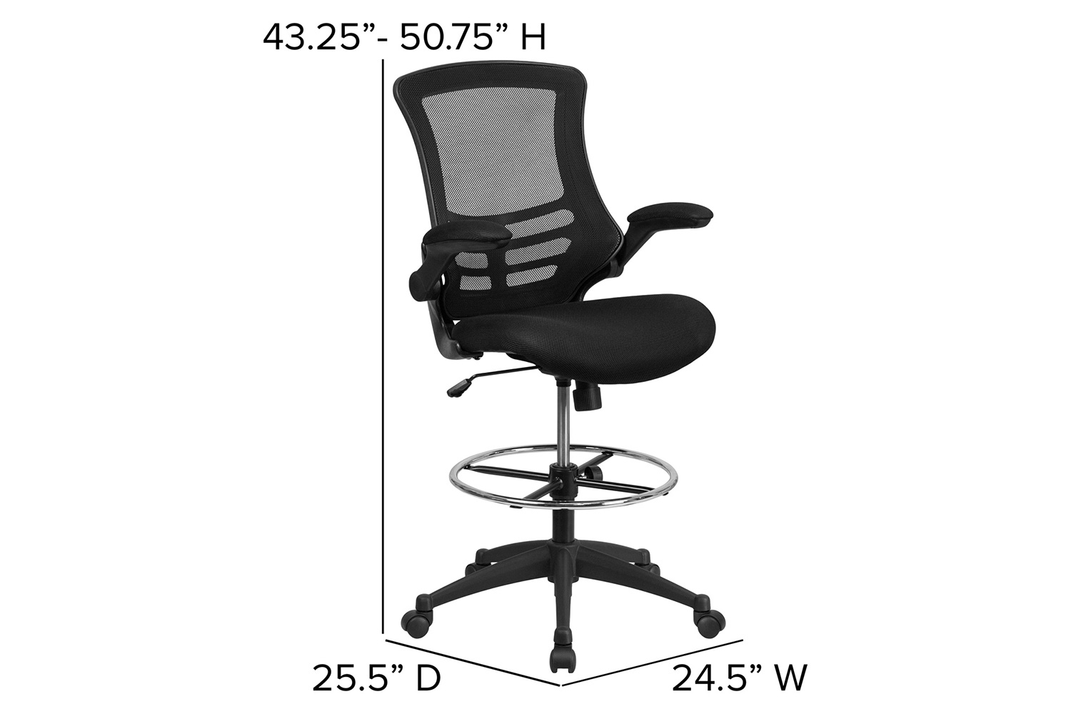 BLNK Kelista Mid-Back Mesh Ergonomic Drafting Chair with Adjustable Foot Ring and Flip-Up Arms - Black