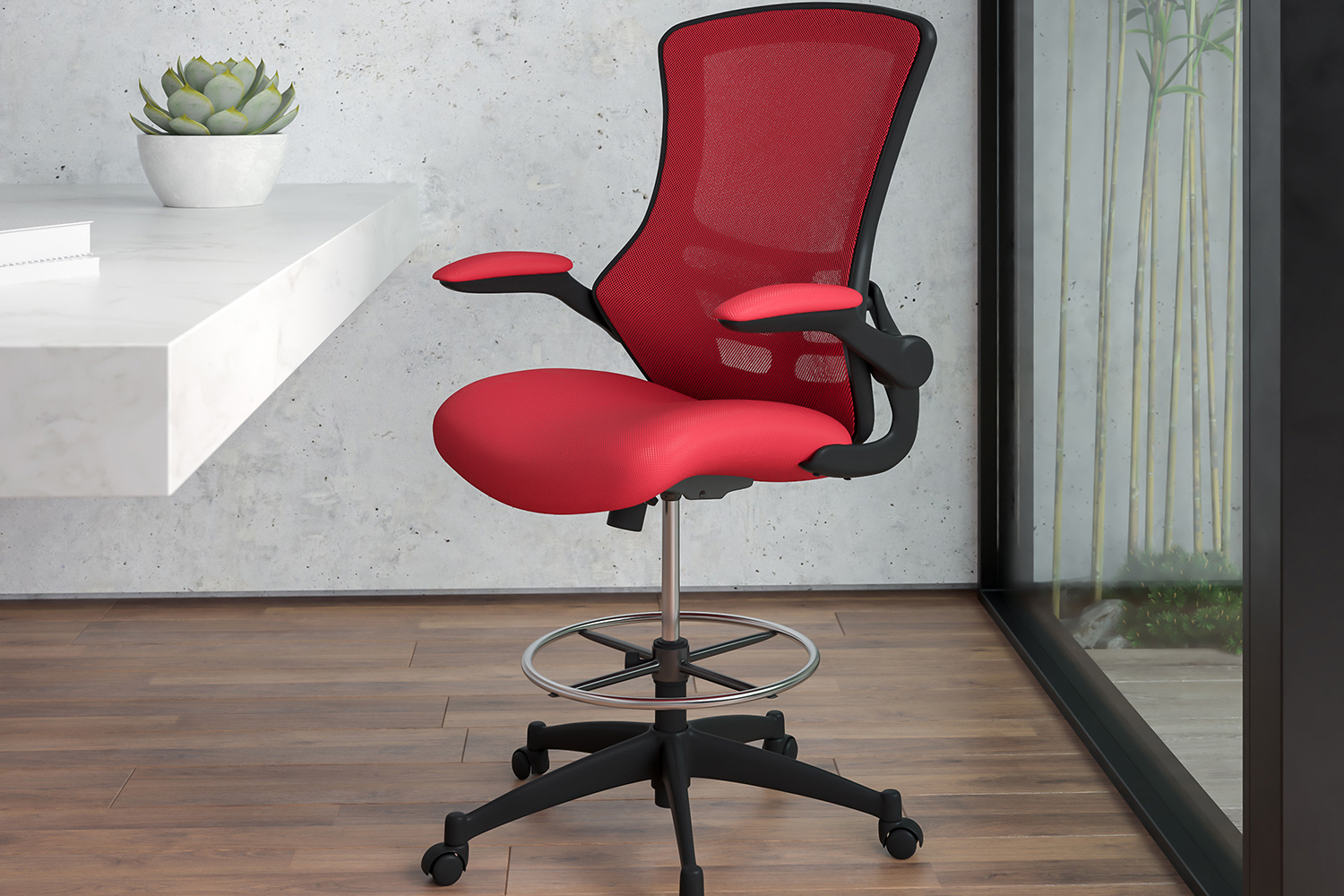 BLNK Kelista Mid-Back Mesh Ergonomic Drafting Chair with Adjustable Foot Ring and Flip-Up Arms