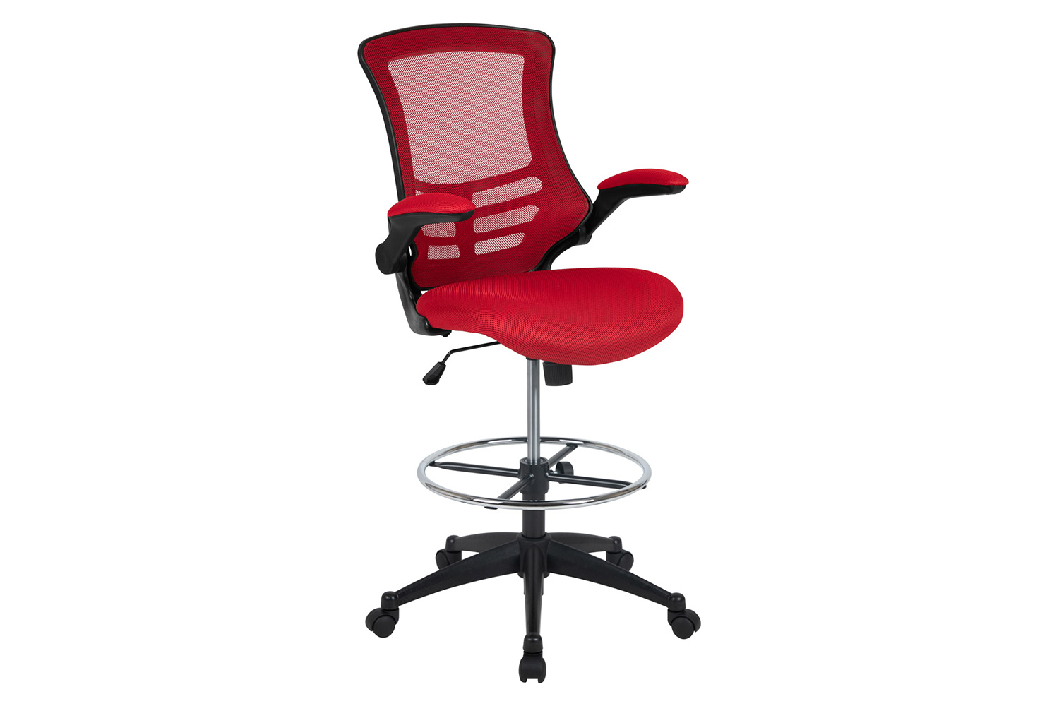 BLNK Kelista Mid-Back Mesh Ergonomic Drafting Chair with Adjustable Foot Ring and Flip-Up Arms - Red