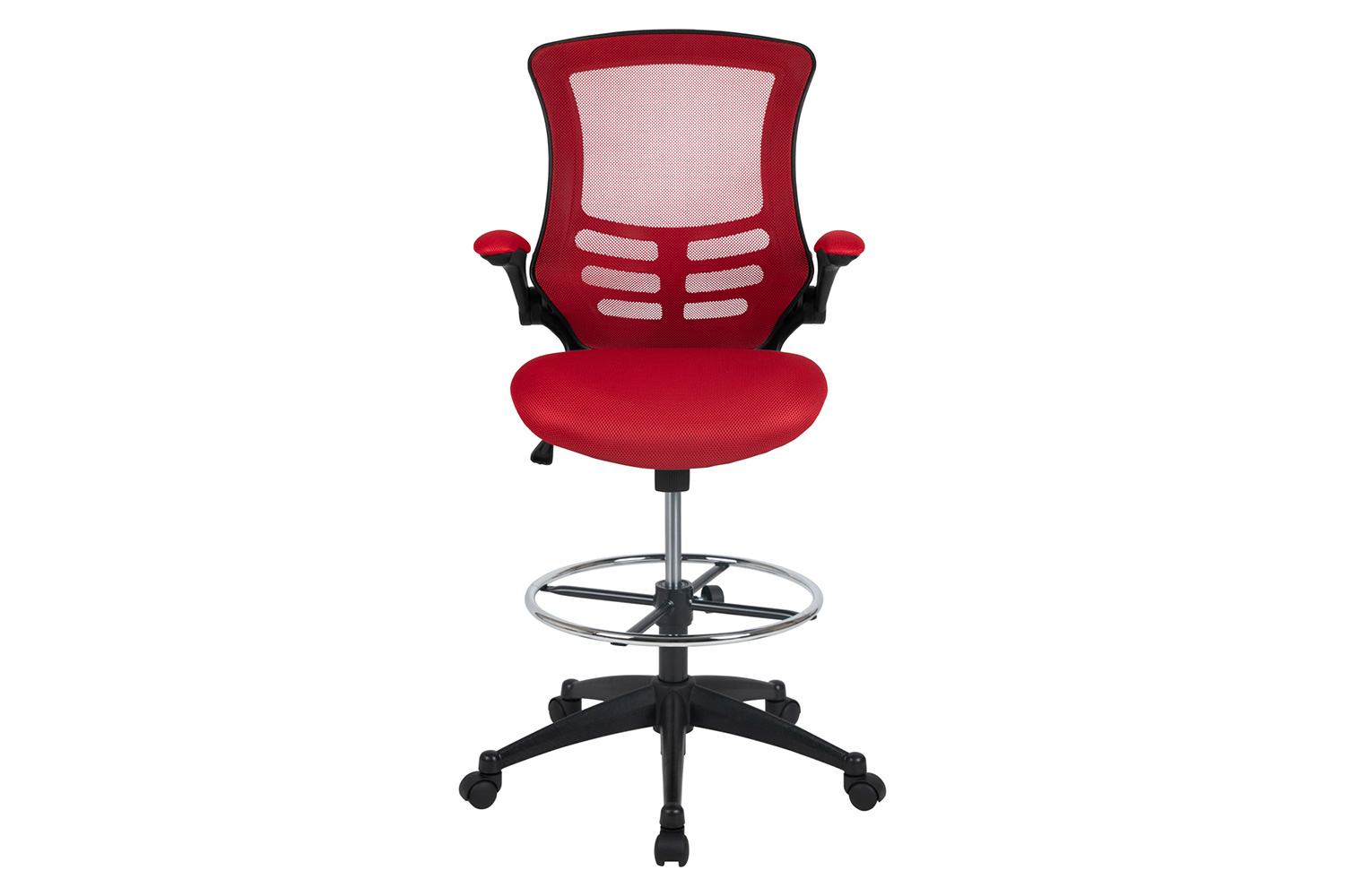 BLNK Kelista Mid-Back Mesh Ergonomic Drafting Chair with Adjustable Foot Ring and Flip-Up Arms - Red