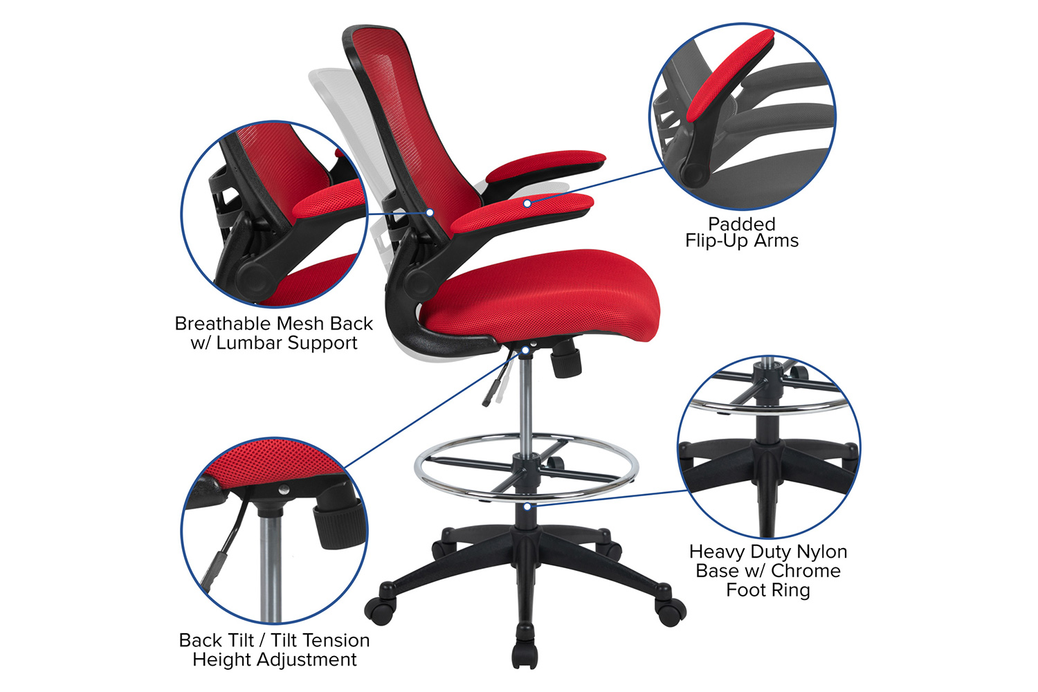 BLNK Kelista Mid-Back Mesh Ergonomic Drafting Chair with Adjustable Foot Ring and Flip-Up Arms - Red