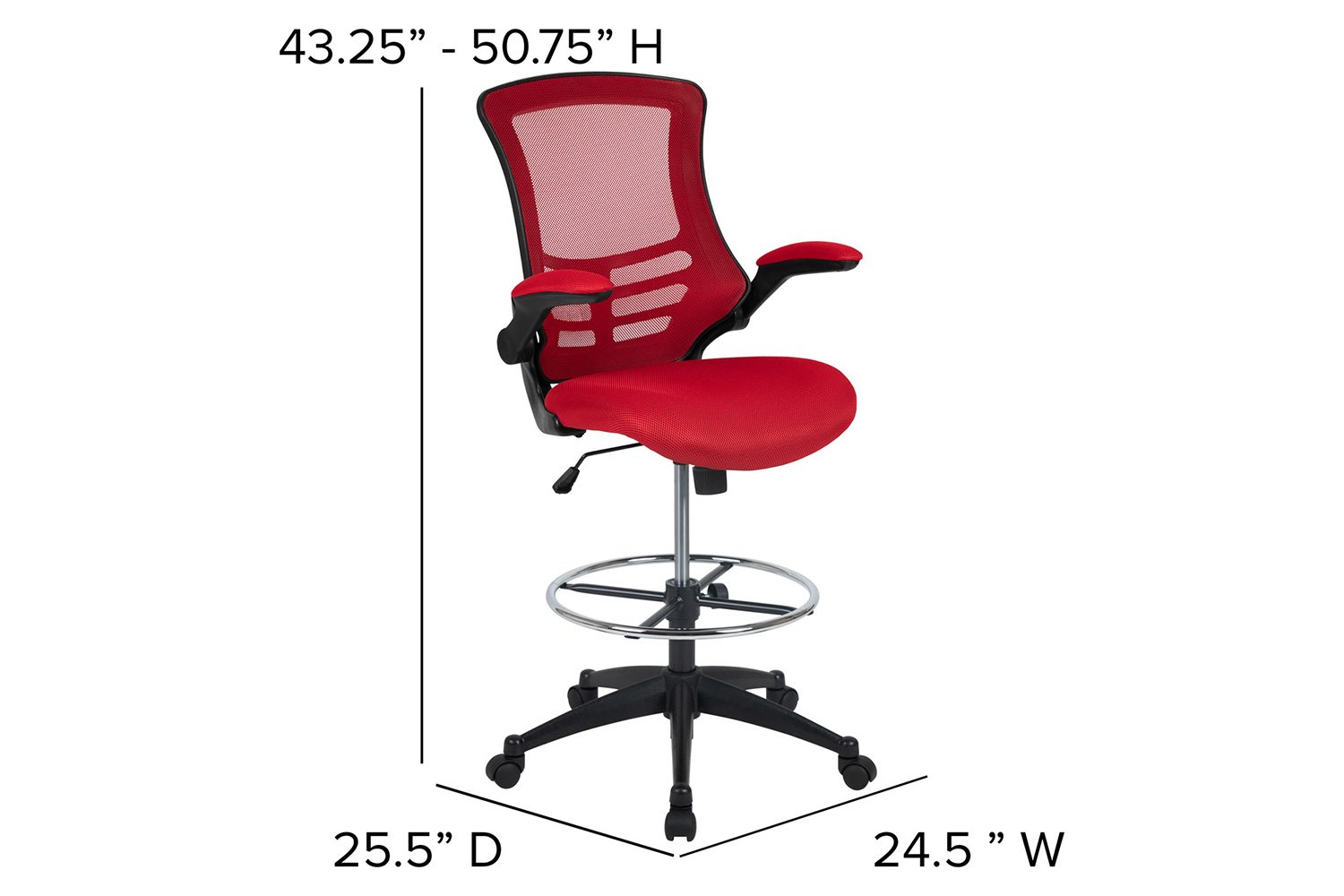 BLNK Kelista Mid-Back Mesh Ergonomic Drafting Chair with Adjustable Foot Ring and Flip-Up Arms - Red