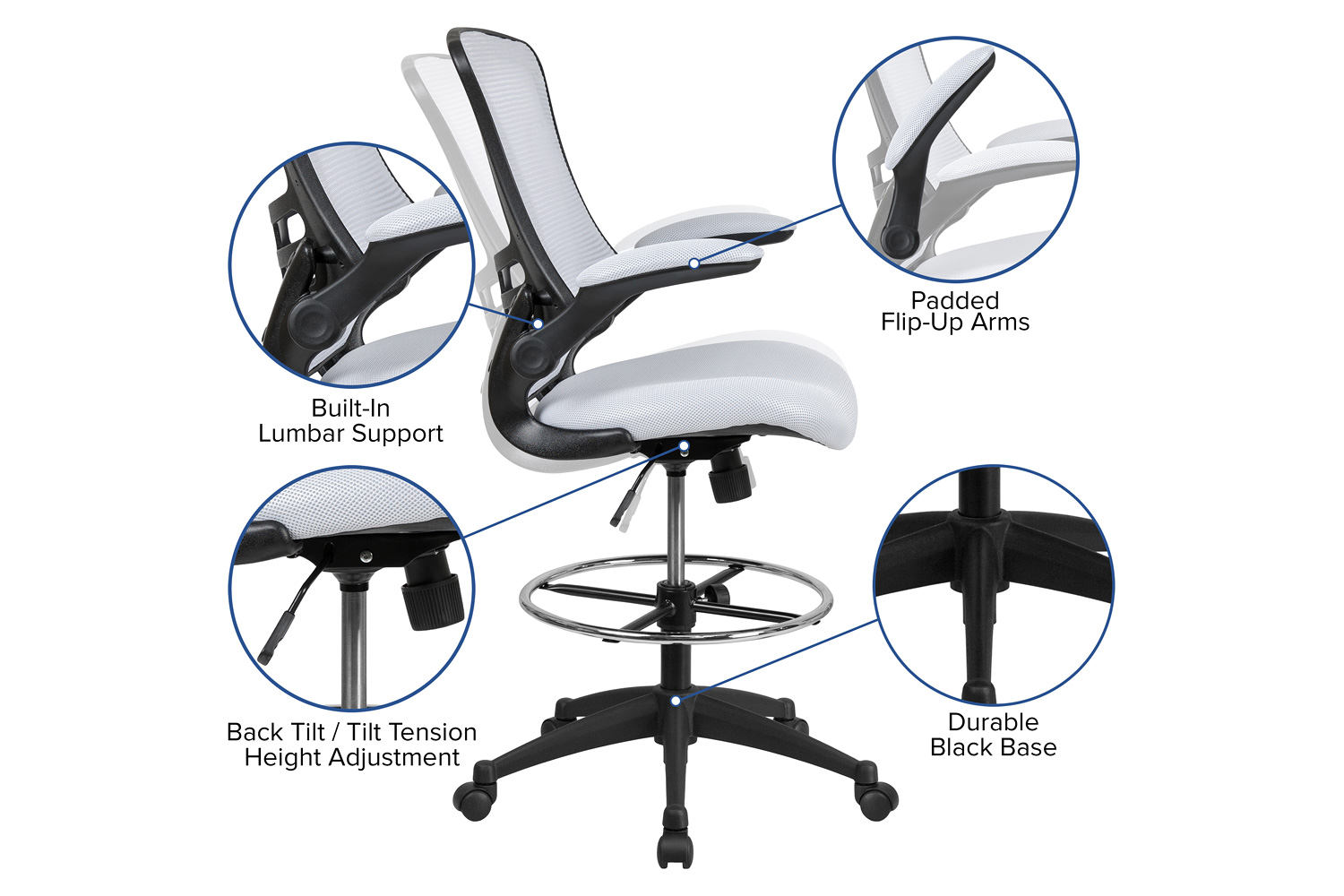 BLNK - Kelista Mid-Back White Mesh Ergonomic Drafting Chair with Adjustable Foot Ring and Flip-Up Arms