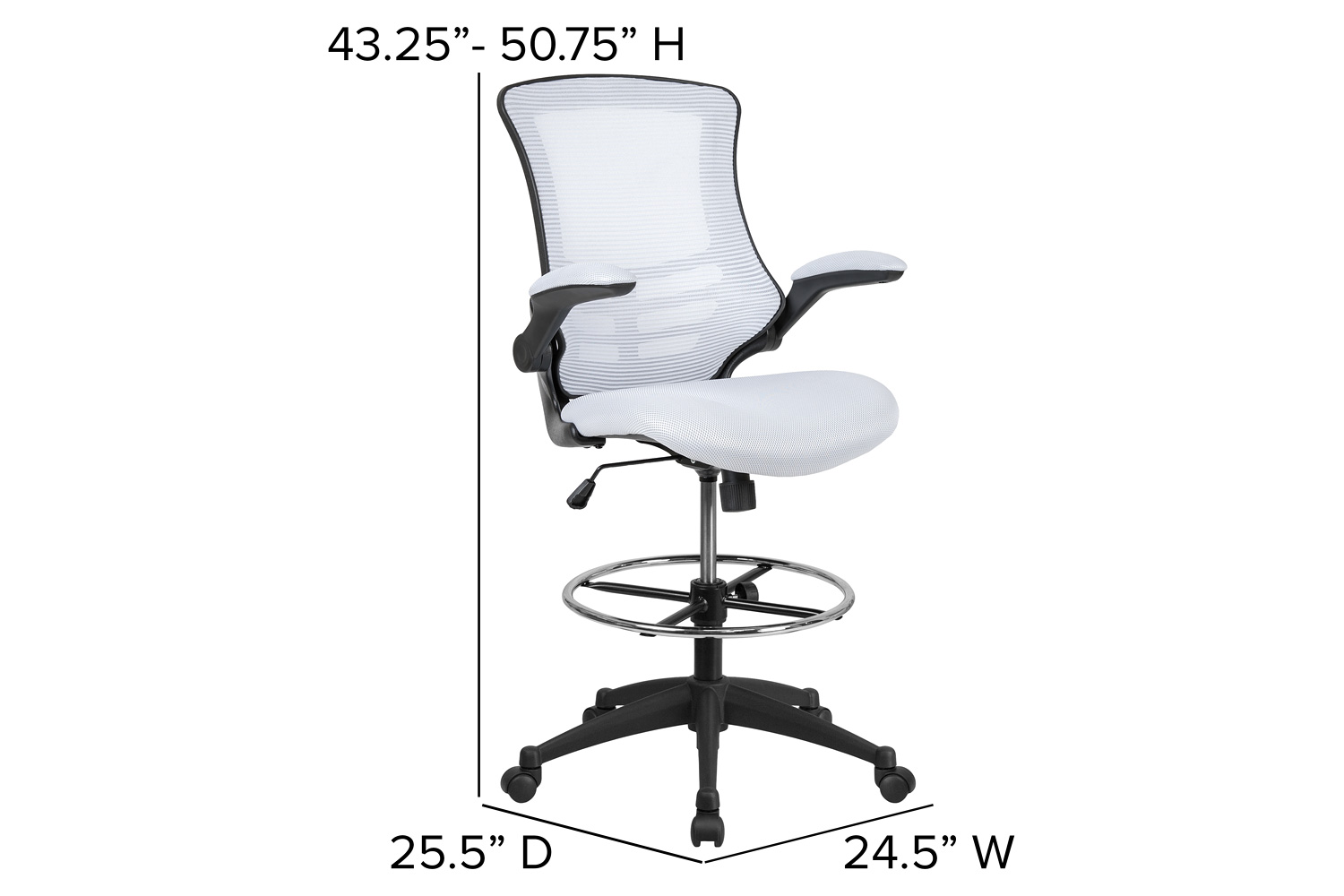 BLNK - Kelista Mid-Back White Mesh Ergonomic Drafting Chair with Adjustable Foot Ring and Flip-Up Arms