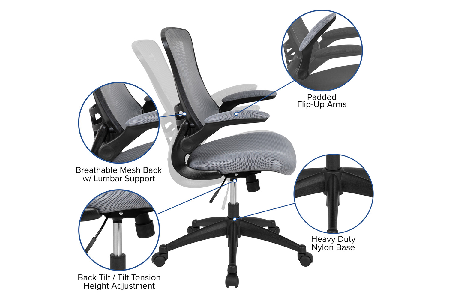 BLNK Kelista Mid-Back Mesh Swivel Ergonomic Task Office Chair with Flip-Up Arms - Dark Gray