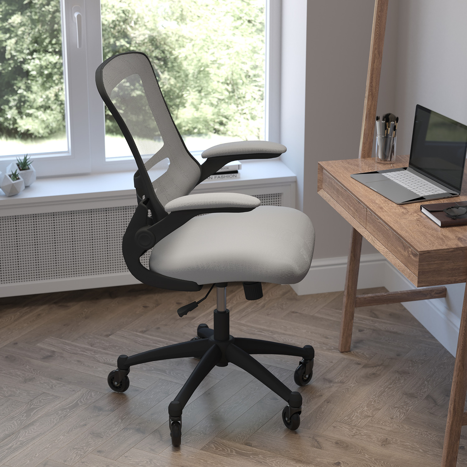 BLNK Kelista Mid-Back Mesh Swivel Ergonomic Task Office Chair with Flip-Up Arms and Transparent Roller Wheels