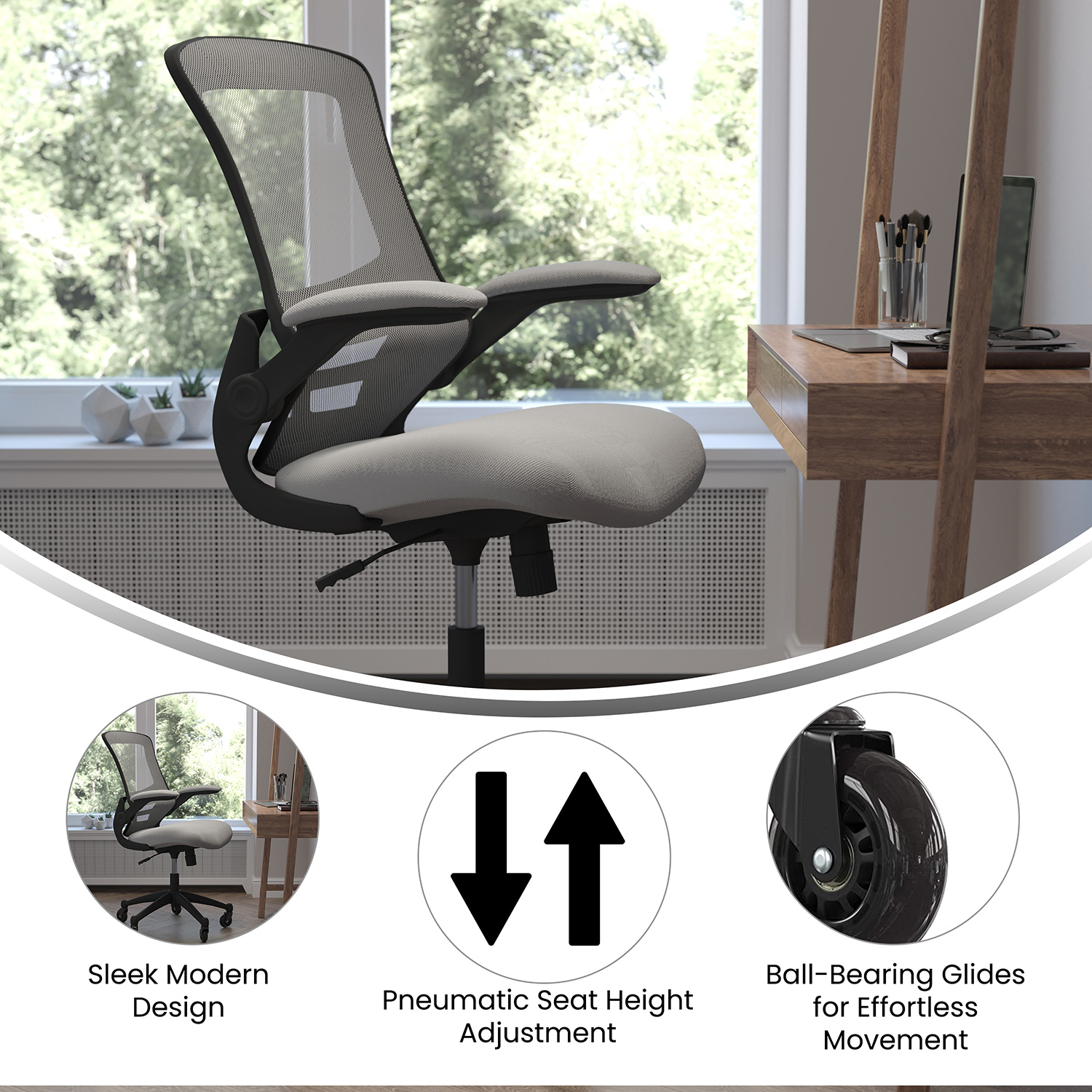 BLNK Kelista Mid-Back Mesh Swivel Ergonomic Task Office Chair with Flip-Up Arms and Transparent Roller Wheels - Dark Gray