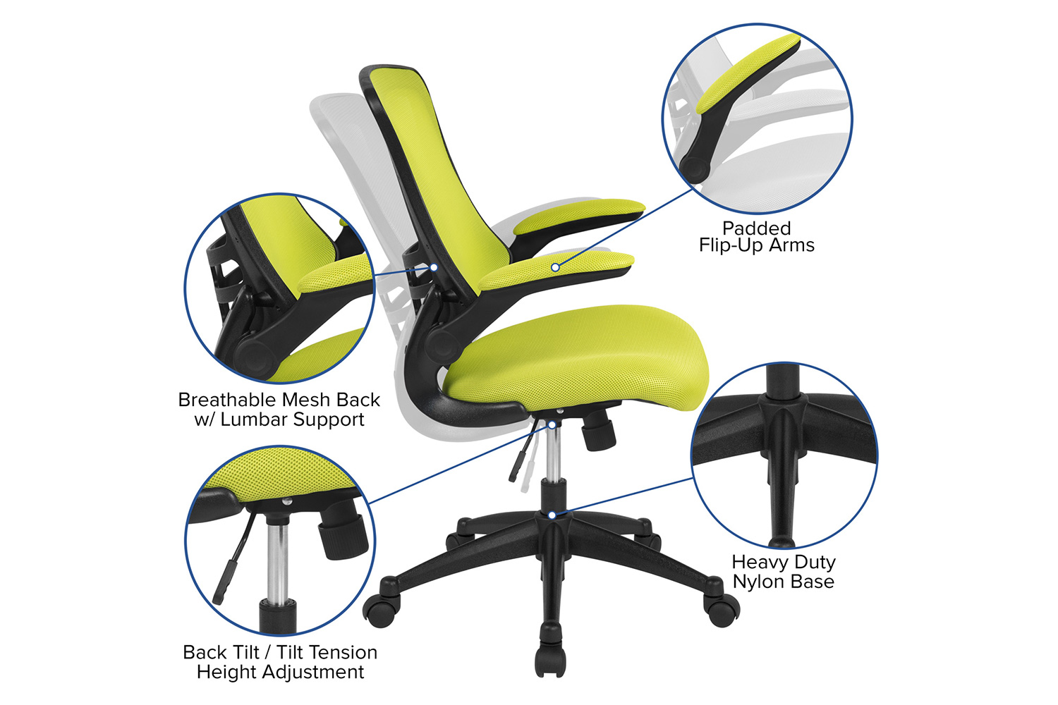 BLNK Kelista Mid-Back Mesh Swivel Ergonomic Task Office Chair with Flip-Up Arms - Green