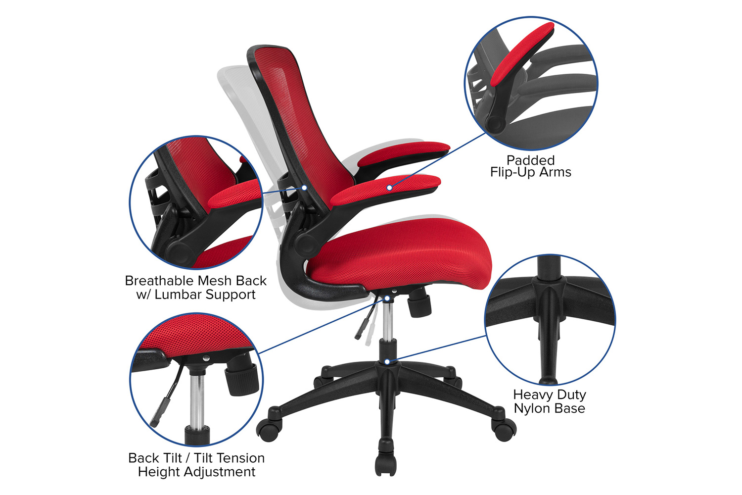 BLNK Kelista Mid-Back Mesh Swivel Ergonomic Task Office Chair with Flip-Up Arms - Red