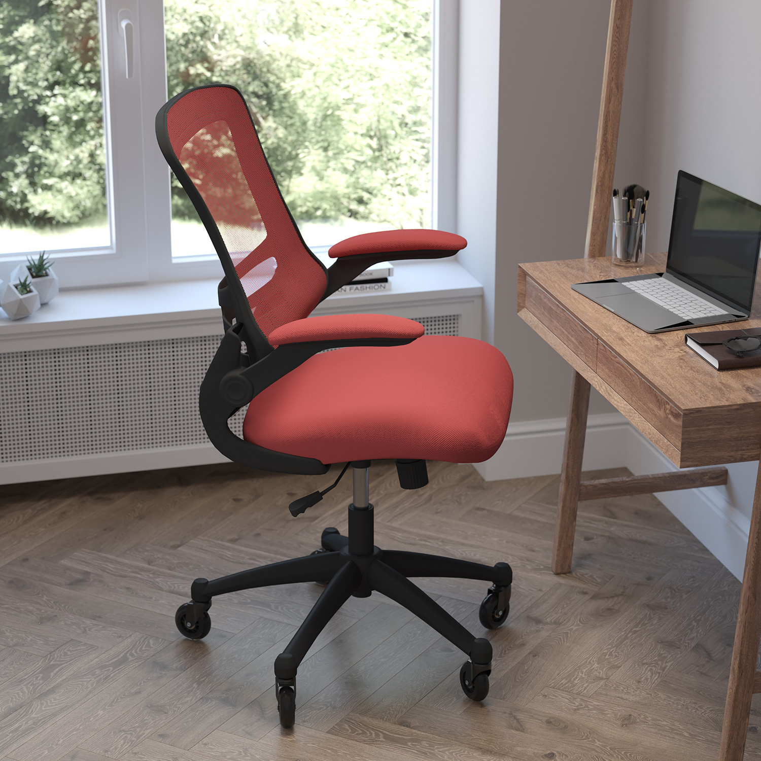 BLNK Kelista Mid-Back Mesh Swivel Ergonomic Task Office Chair with Flip-Up Arms and Transparent Roller Wheels - Red