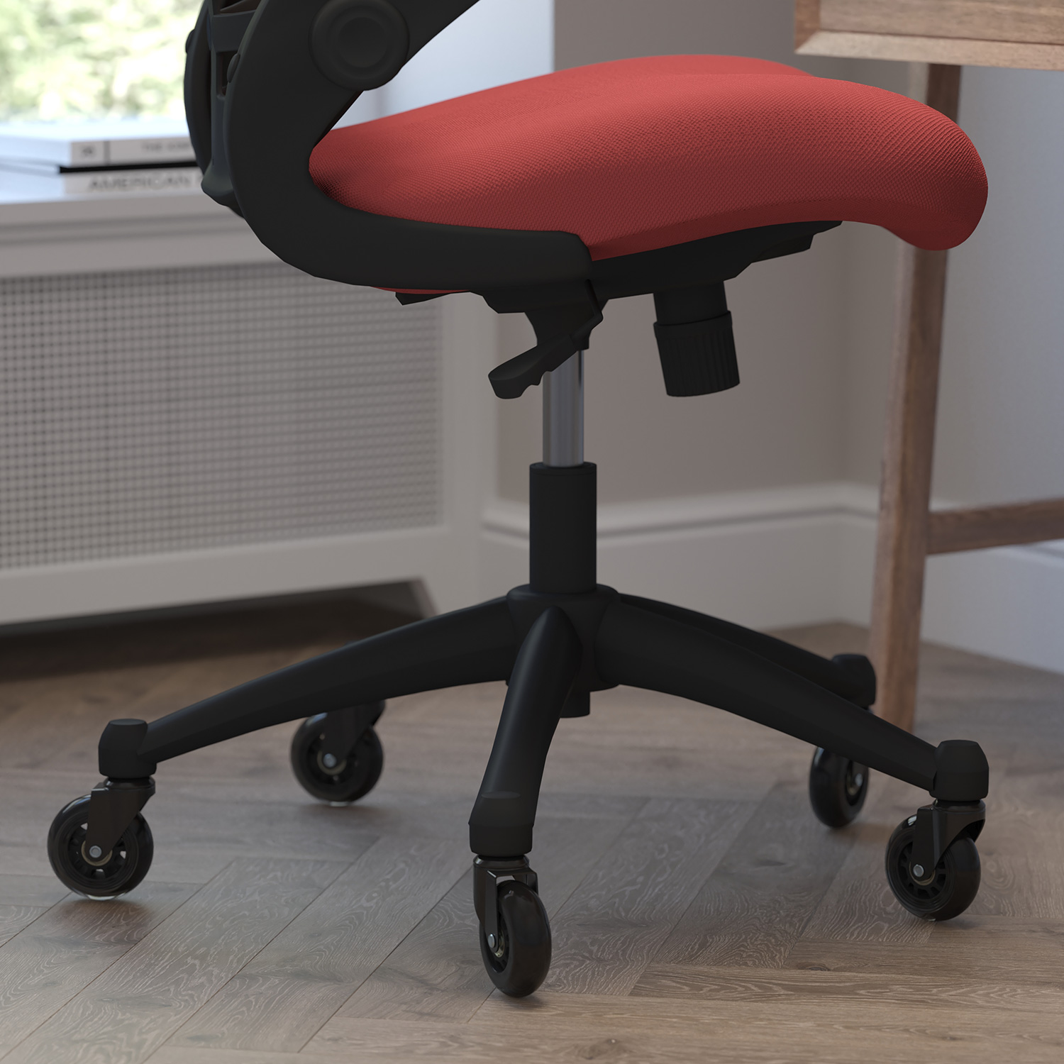 BLNK Kelista Mid-Back Mesh Swivel Ergonomic Task Office Chair with Flip-Up Arms and Transparent Roller Wheels - Red