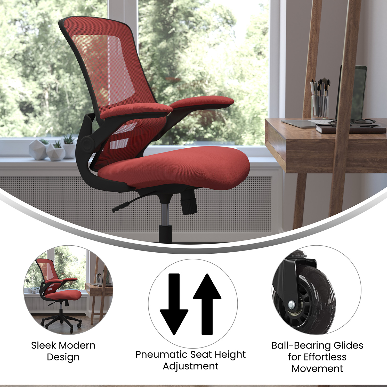 BLNK Kelista Mid-Back Mesh Swivel Ergonomic Task Office Chair with Flip-Up Arms and Transparent Roller Wheels - Red