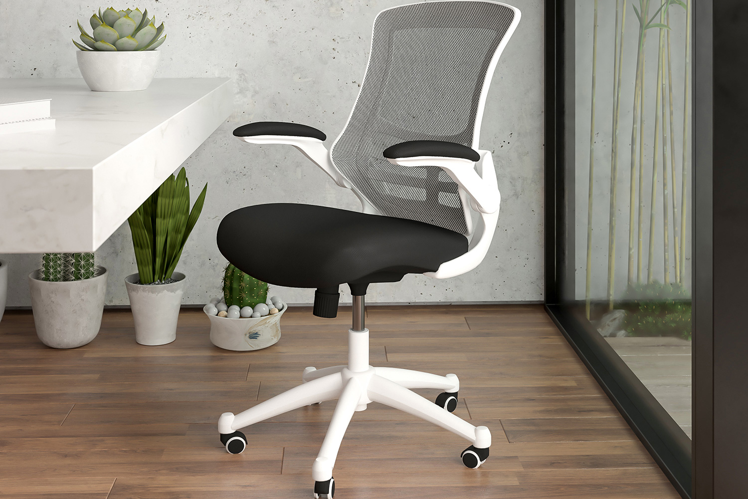 BLNK Kelista Mid-Back Mesh Swivel Ergonomic Task Office Chair with White Frame and Flip-Up Arms