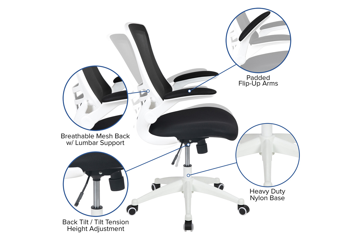 BLNK Kelista Mid-Back Mesh Swivel Ergonomic Task Office Chair with White Frame and Flip-Up Arms - Black