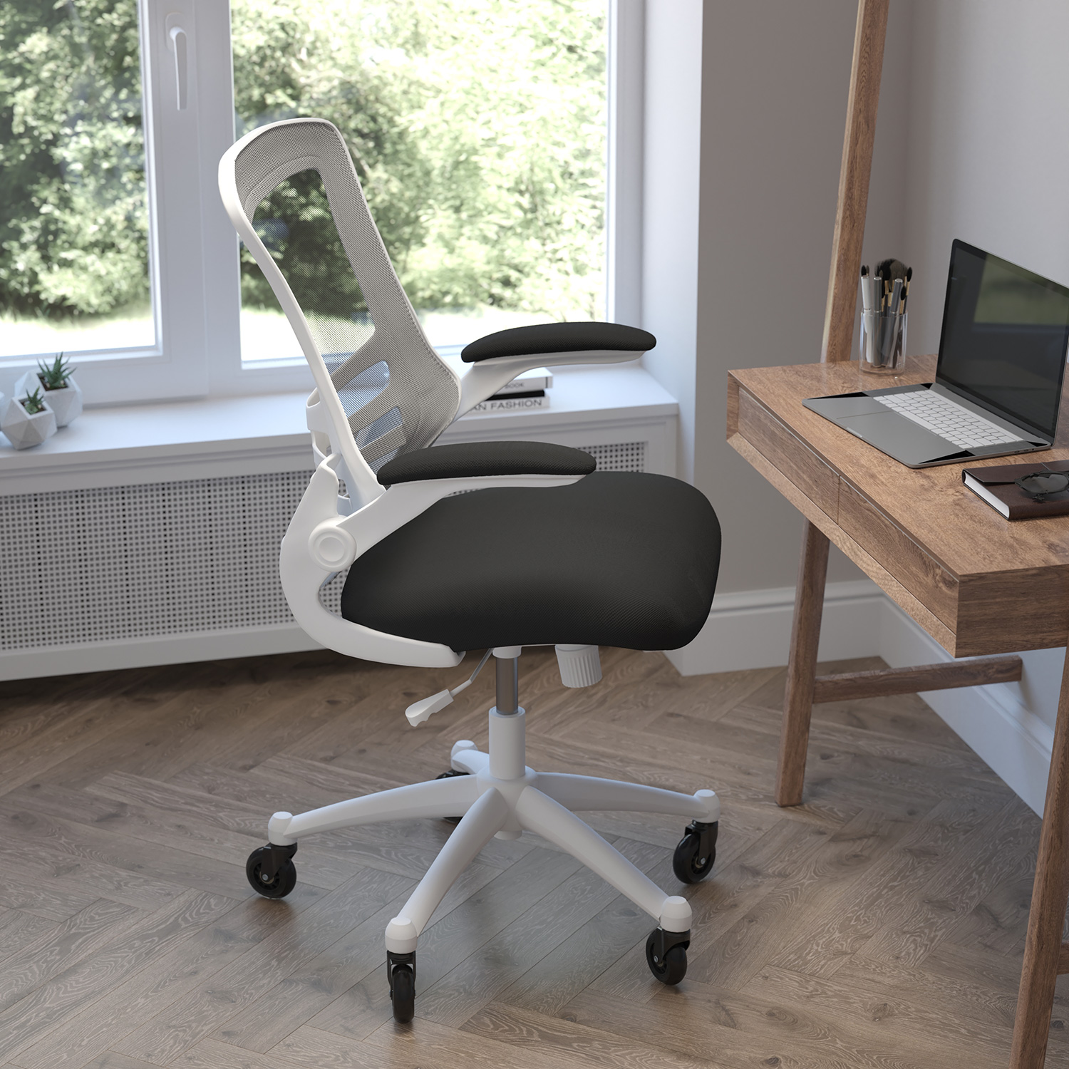 BLNK Kelista Mid-Back Mesh Swivel Ergonomic Task Office Chair with White Frame, Flip-Up Arms, and Transparent Roller Wheels - Black