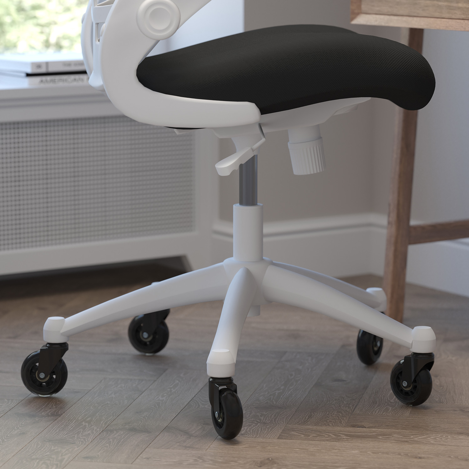 BLNK Kelista Mid-Back Mesh Swivel Ergonomic Task Office Chair with White Frame, Flip-Up Arms, and Transparent Roller Wheels - Black